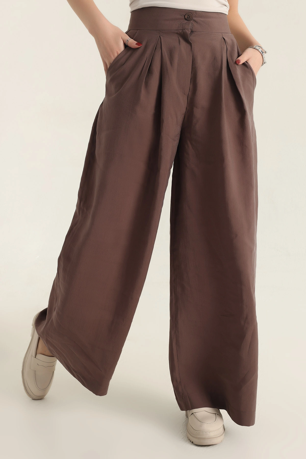 Kahverengi Pileli Cepli Bayan Tencel Pantolon 337622