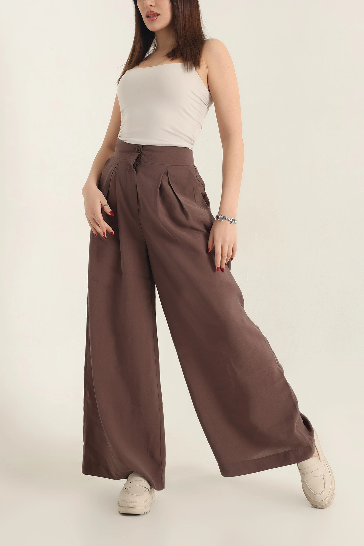 Kahverengi Pileli Cepli Bayan Tencel Pantolon 337622