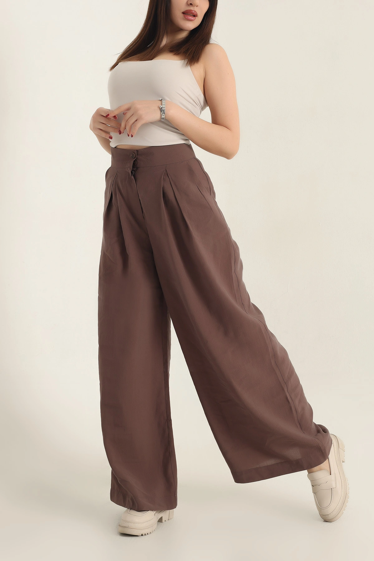 Kahverengi Pileli Cepli Bayan Tencel Pantolon 337622
