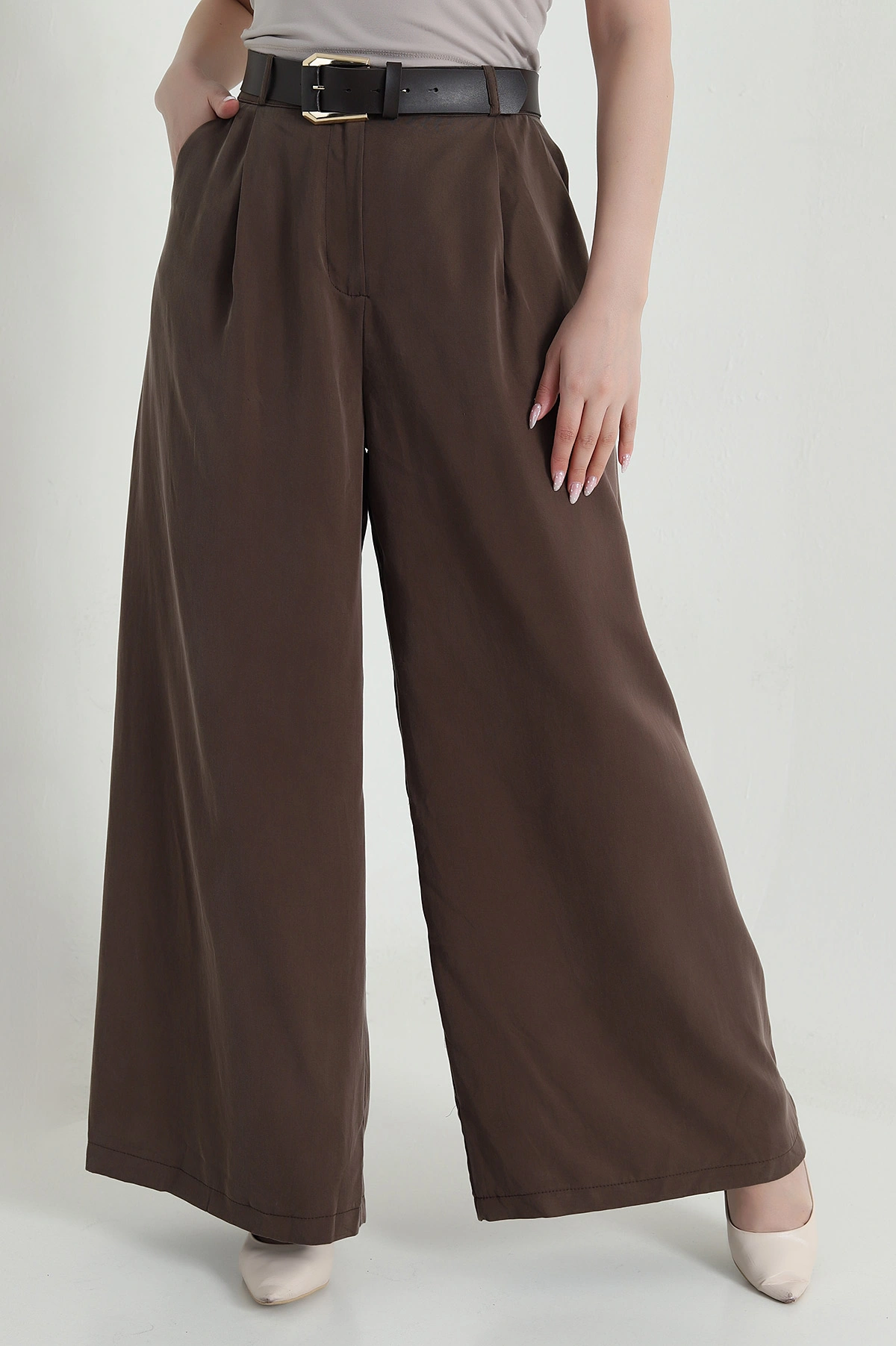 Kahverengi Pileli Cepli Bol Paça Tencel Kadın Pantolon 459095