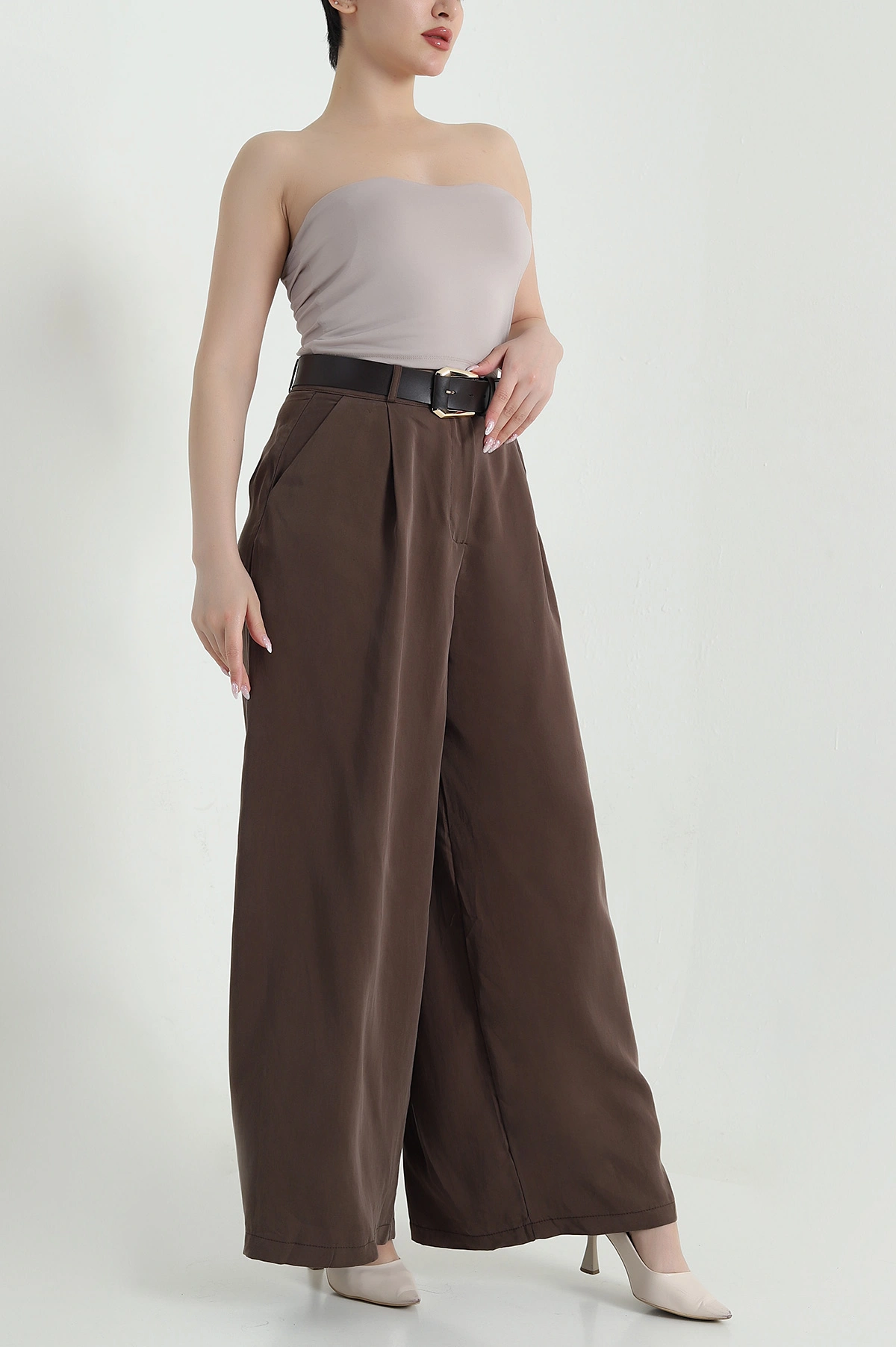 Kahverengi Pileli Cepli Bol Paça Tencel Kadın Pantolon 459095