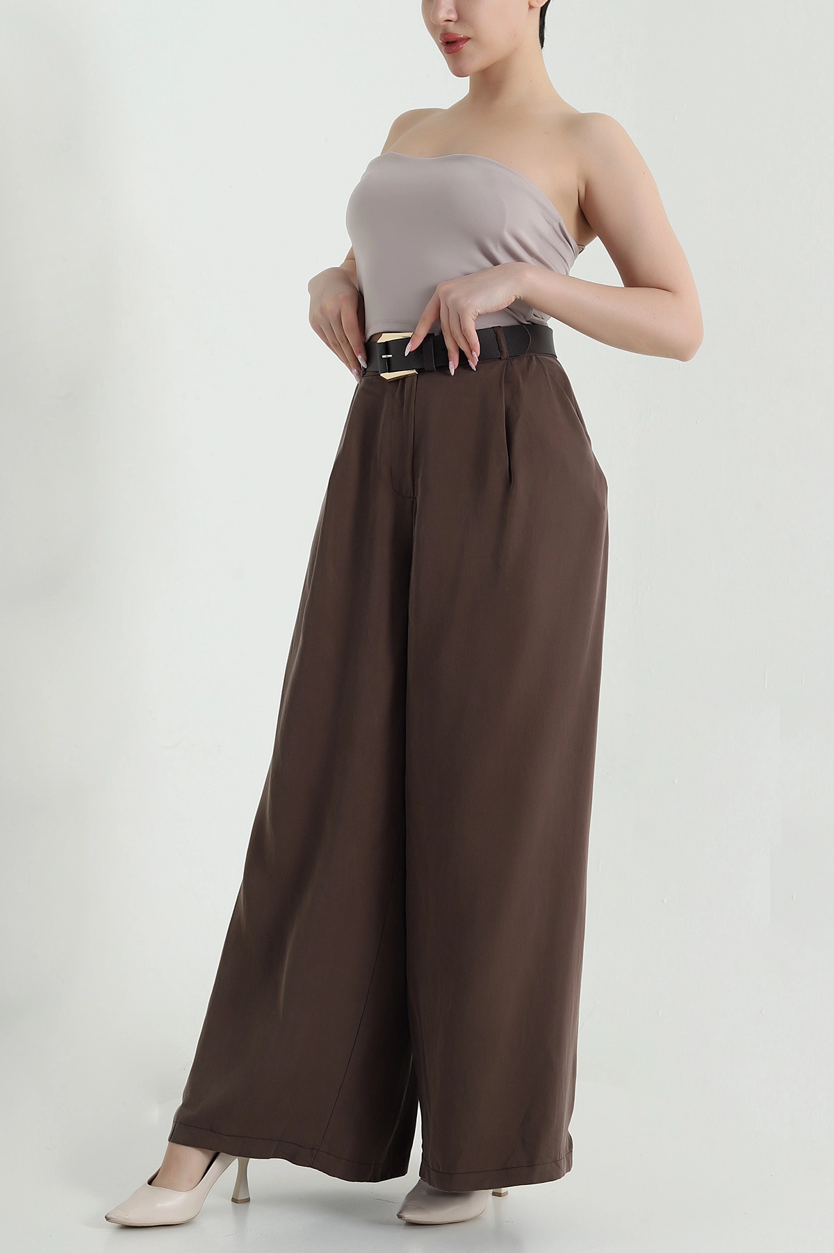Kahverengi Pileli Cepli Bol Paça Tencel Kadın Pantolon 459095