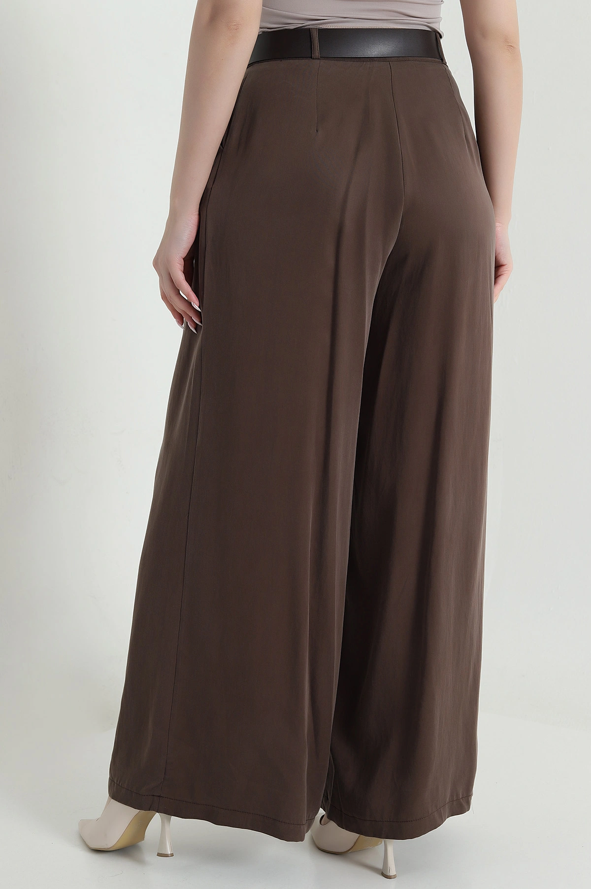 Kahverengi Pileli Cepli Bol Paça Tencel Kadın Pantolon 459095