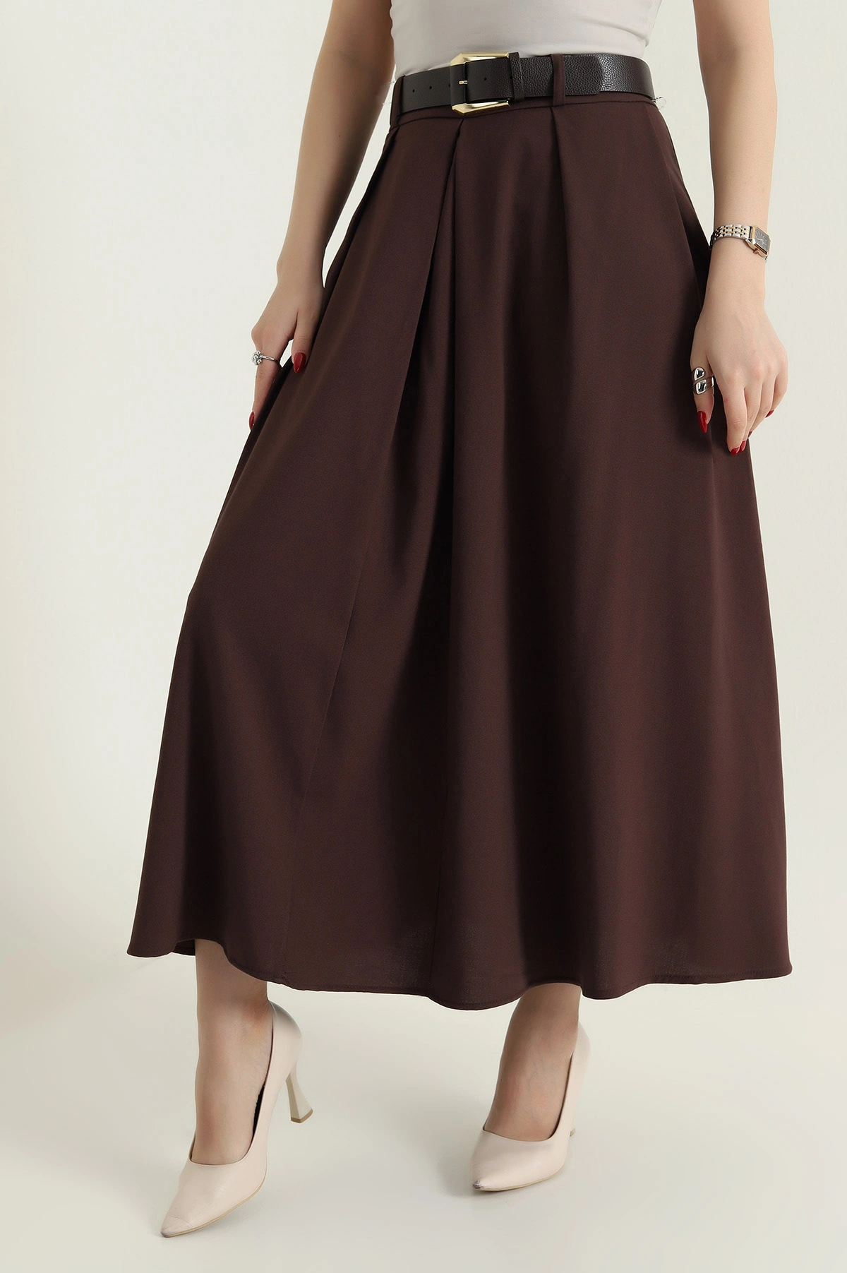 Kahverengi Pileli Kemerli Poliviskon Kadın Etek 429864