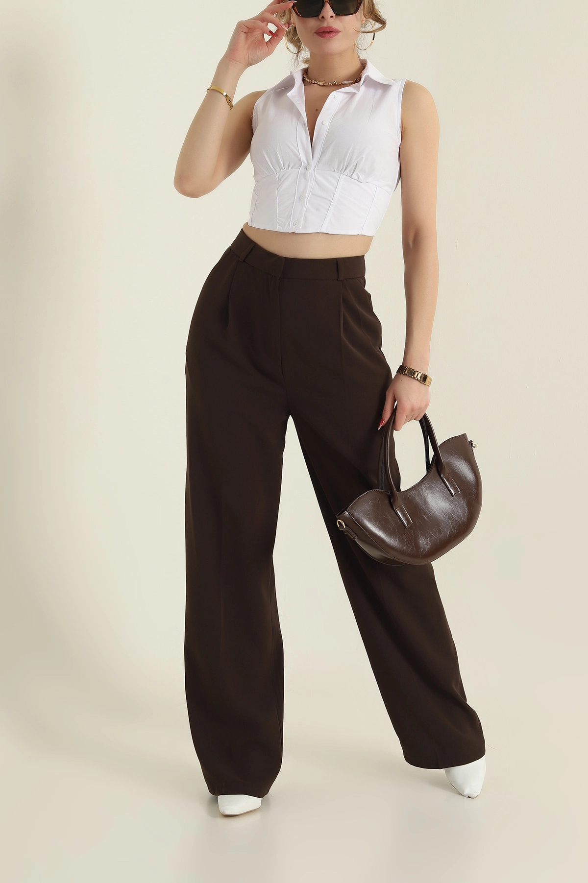 Kahverengi Pileli Palazzo Twill Kadın Pantolon 425423