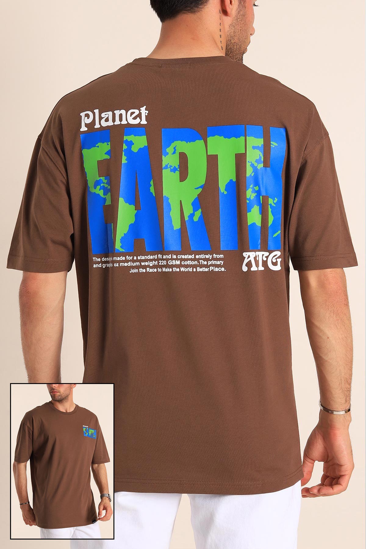 Kahverengi Planet Sırt Baskılı Oversize Erkek Tişört 186070