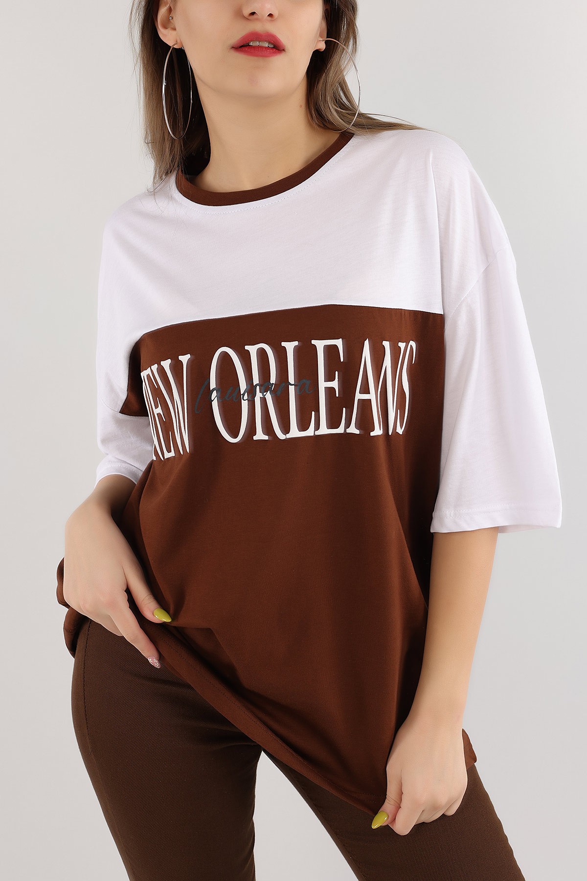 Kahverengi Plastik Baskılı Oversize Tişört 166214