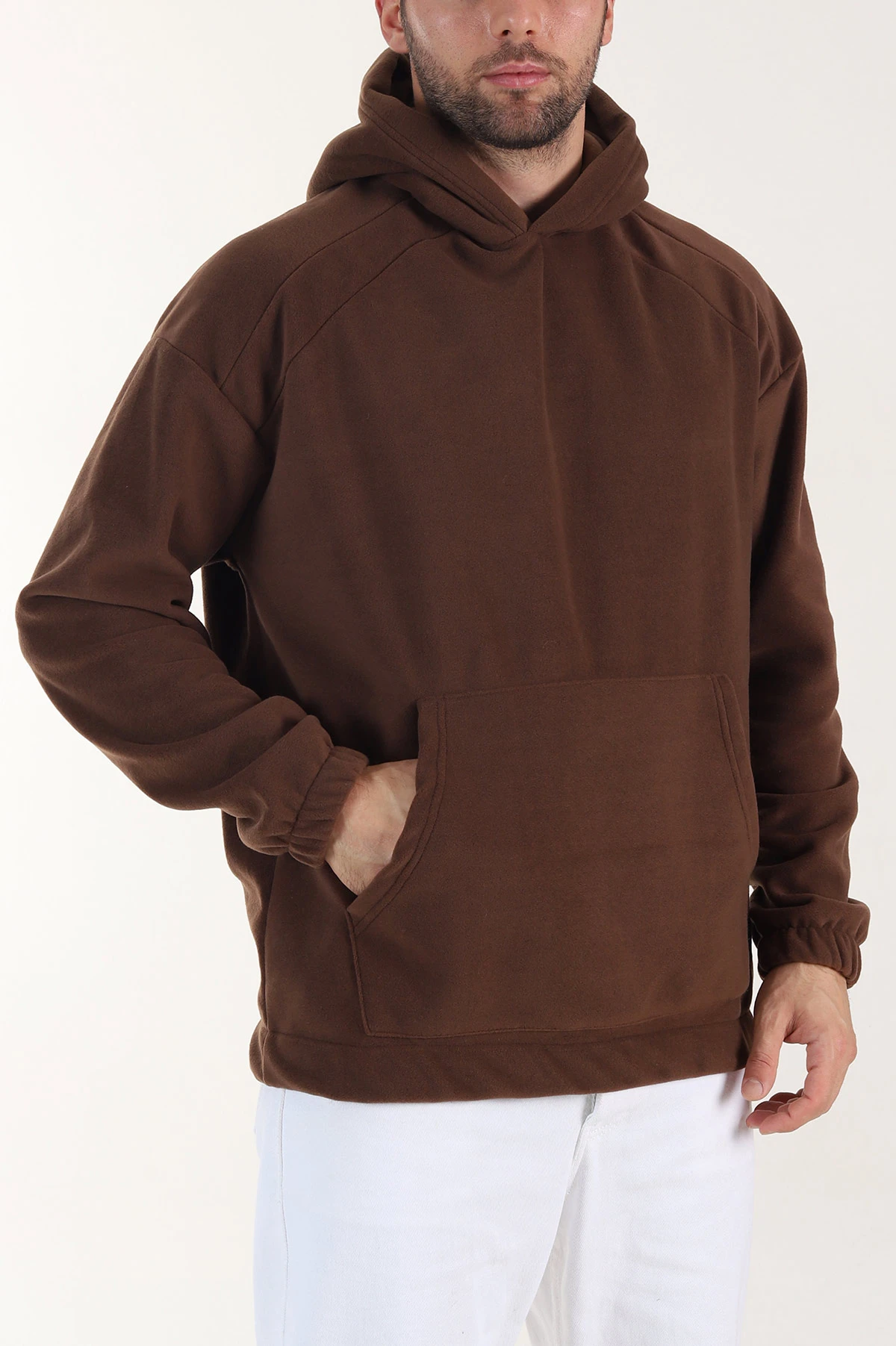 Kahverengi Polar Kumaş Kapüşonlu Erkek Sweatshirt 408507