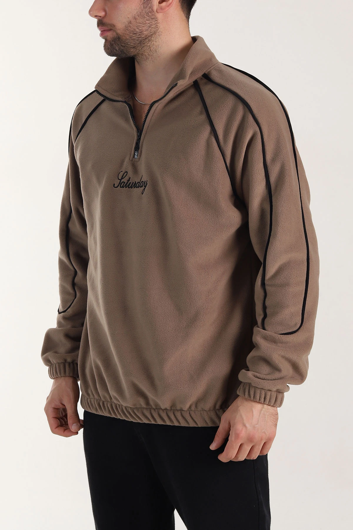 Kahverengi Polar Kumaş Yarım Fermuarlı Yazı Detaylı Erkek Sweatshirt 408550