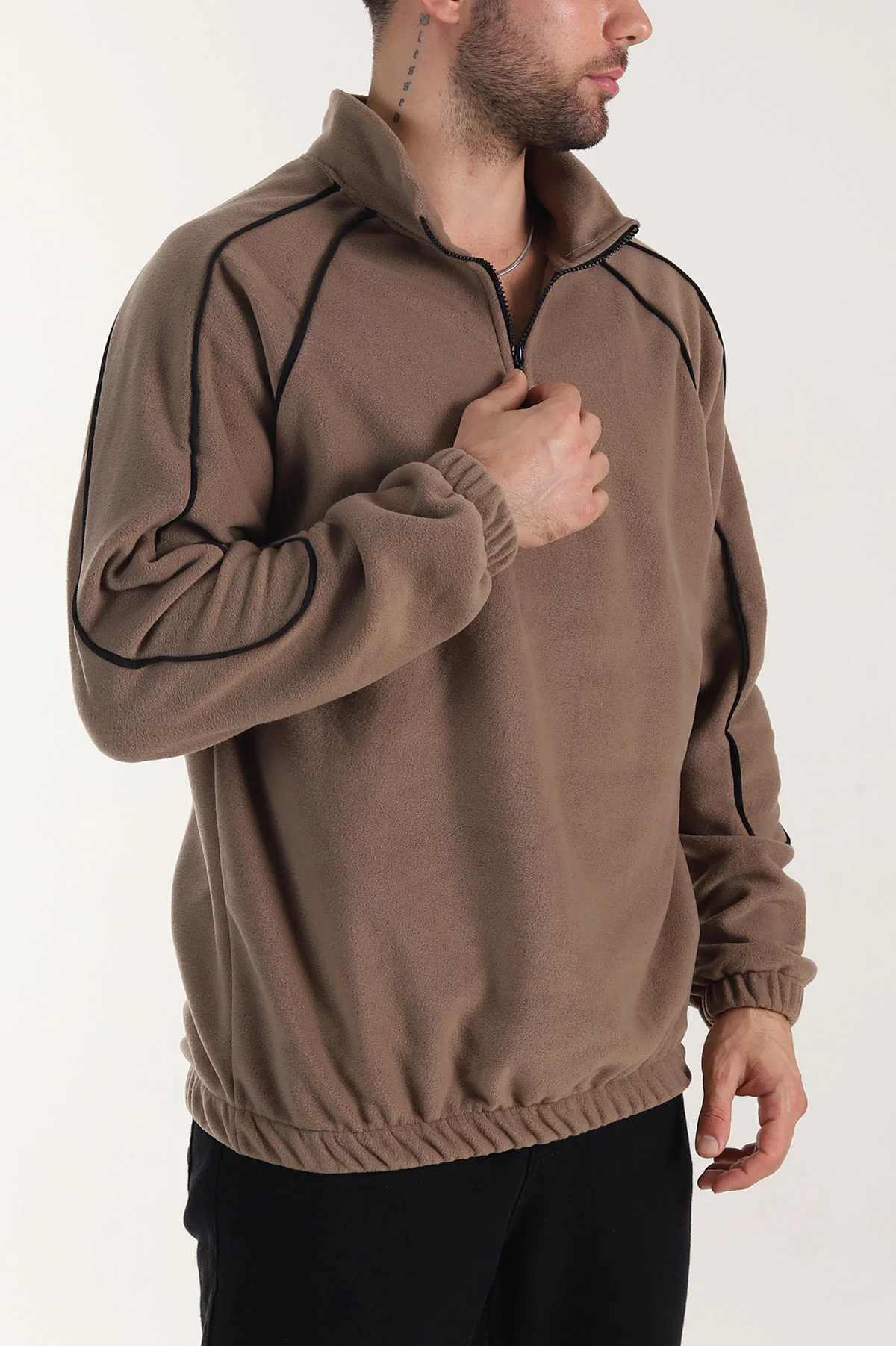 Kahverengi Polar Kumaş Yarım Fermuarlı Yazı Detaylı Erkek Sweatshirt 408550