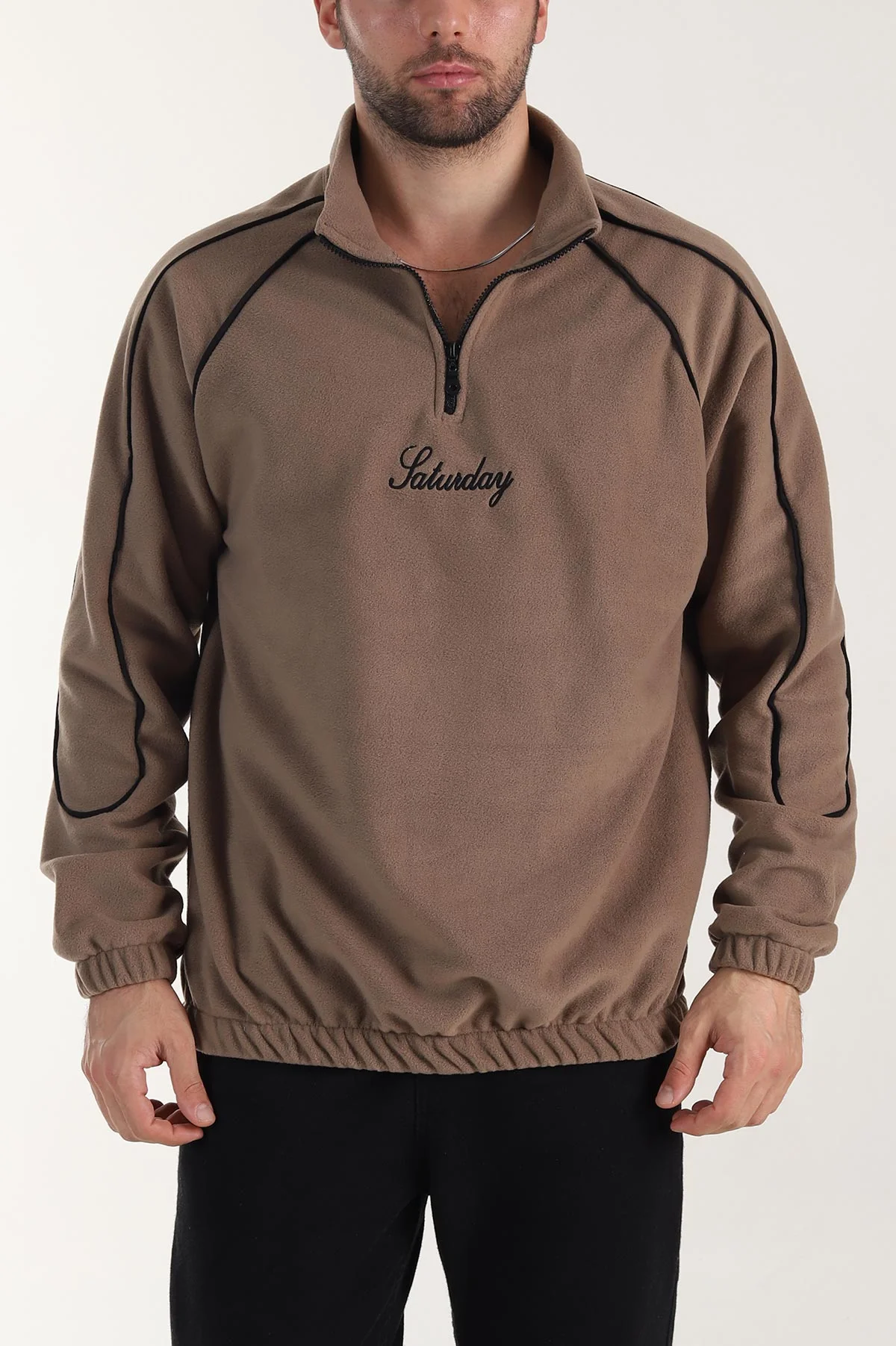 Kahverengi Polar Kumaş Yarım Fermuarlı Yazı Detaylı Erkek Sweatshirt 408550