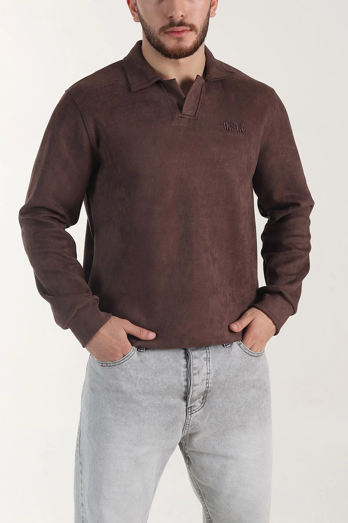 Kahverengi Polo Yaka Düğmeli Nakış Detaylı Erkek Sweatshirt 404864
