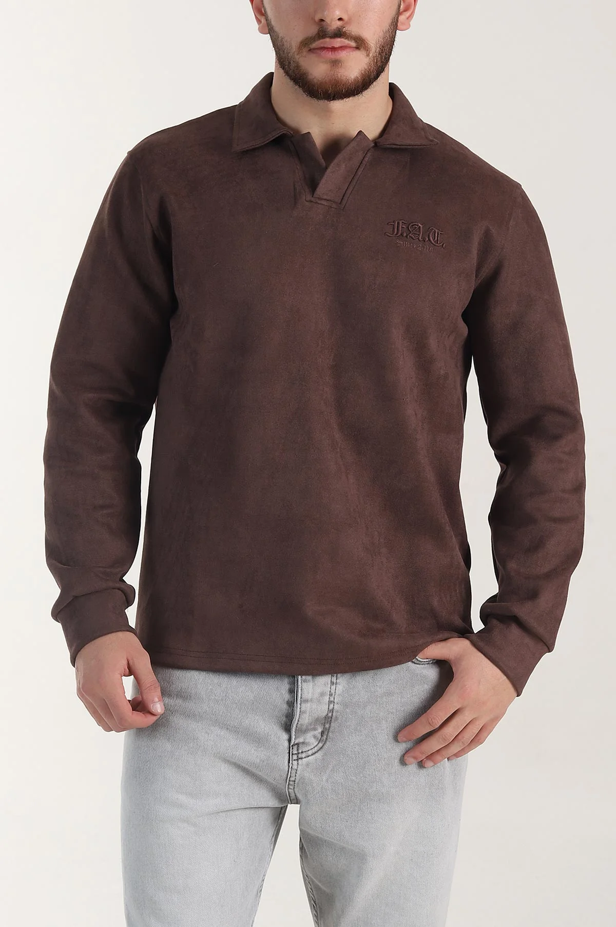 Kahverengi Polo Yaka Düğmeli Nakış Detaylı Erkek Sweatshirt 404864