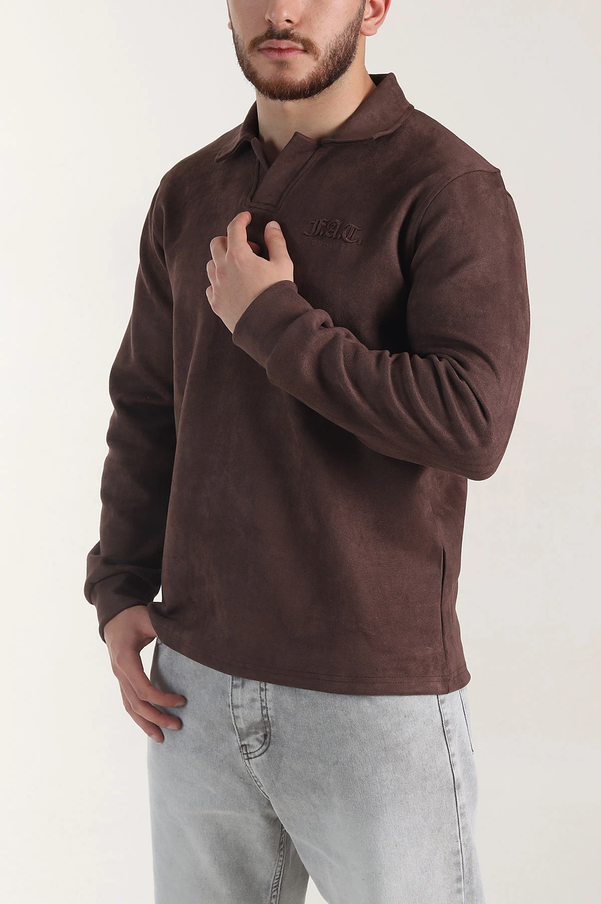Kahverengi Polo Yaka Düğmeli Nakış Detaylı Erkek Sweatshirt 404864