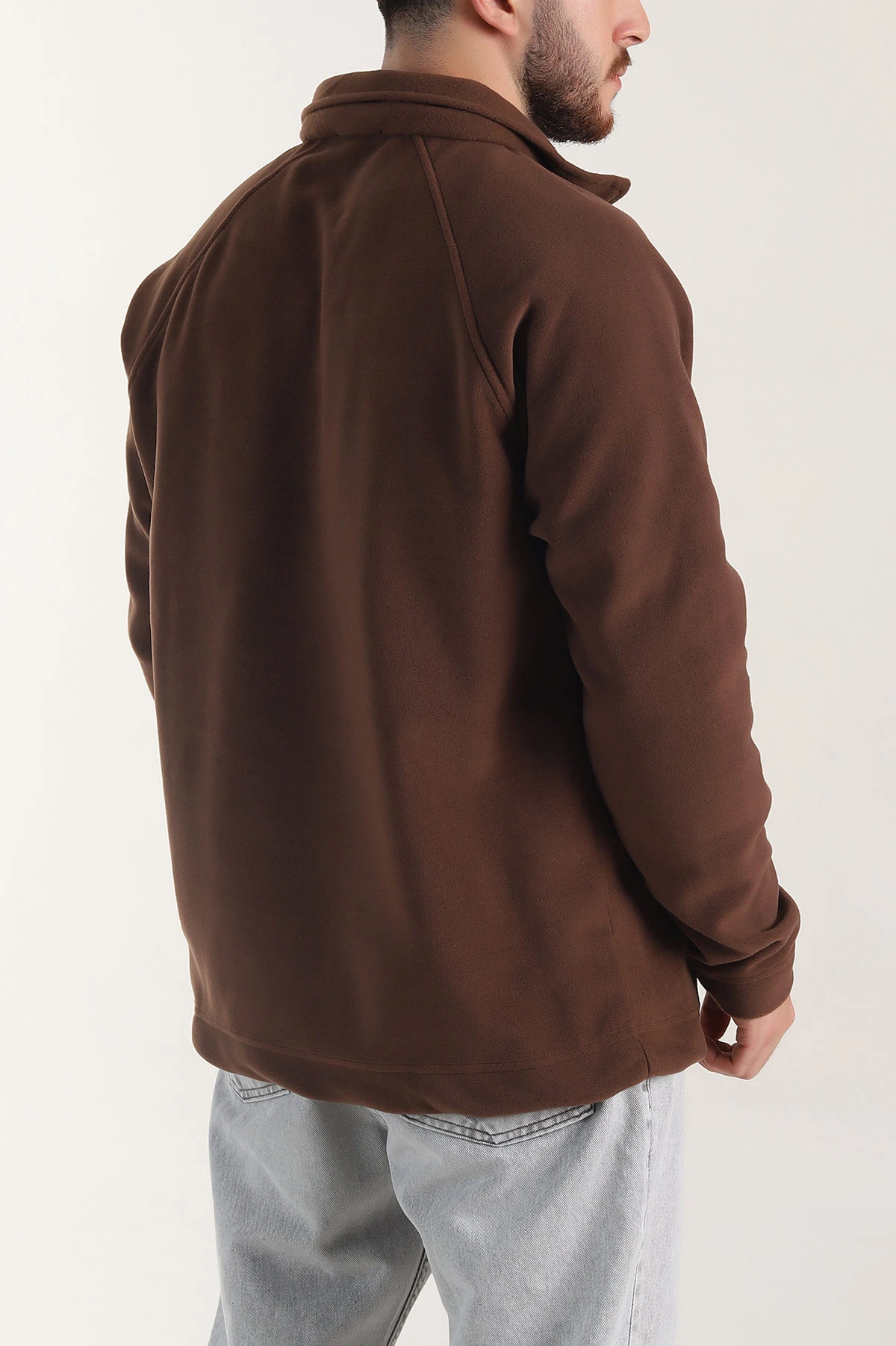 Kahverengi Polo Yaka Düğmeli Uzun Kollu Polar Kumaş Erkek Sweatshirt 404282