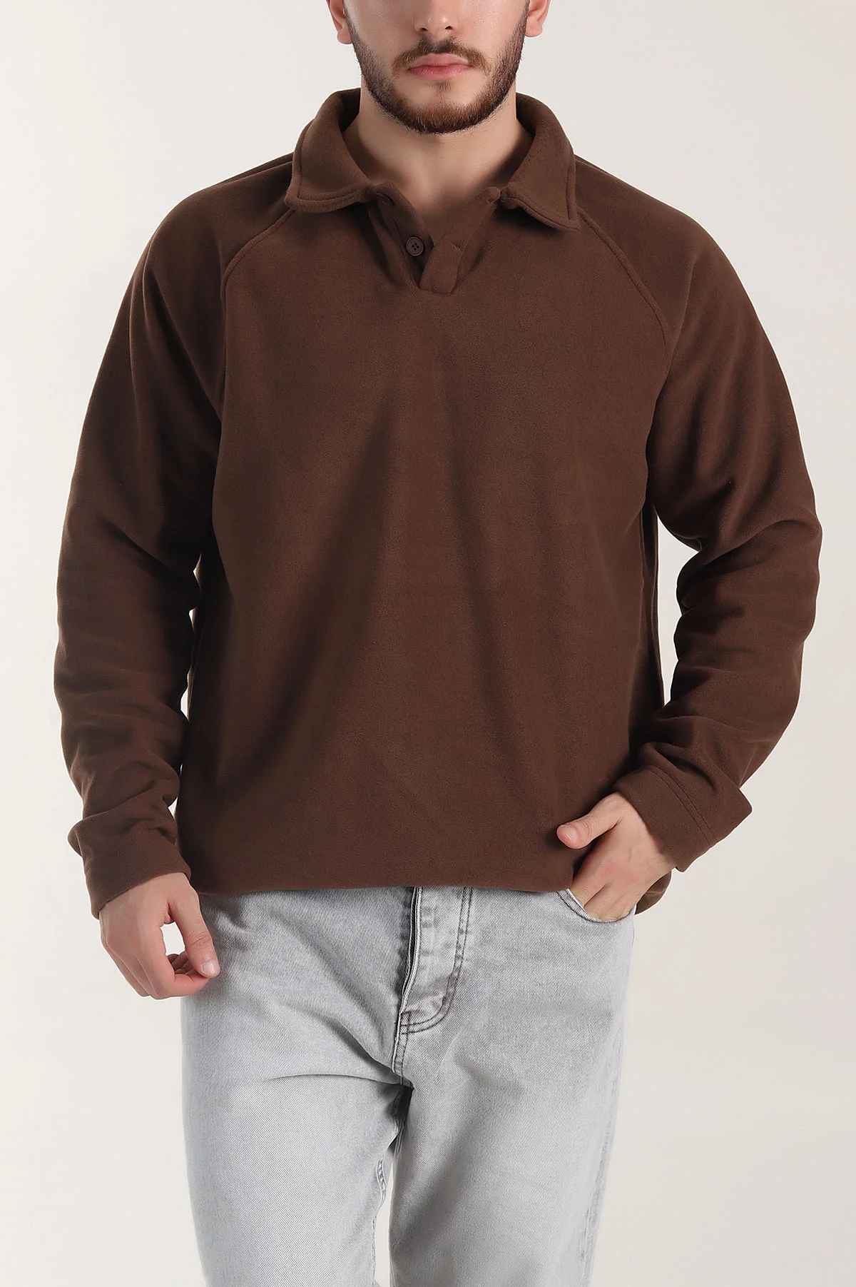 Kahverengi Polo Yaka Düğmeli Uzun Kollu Polar Kumaş Erkek Sweatshirt 404282