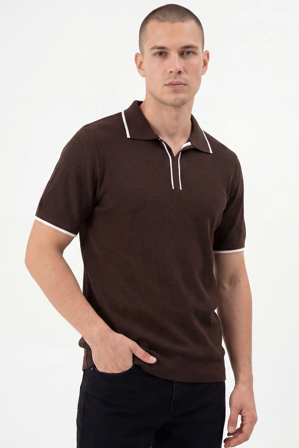 Kahverengi Polo Yaka Erkek Triko Tişört 462206