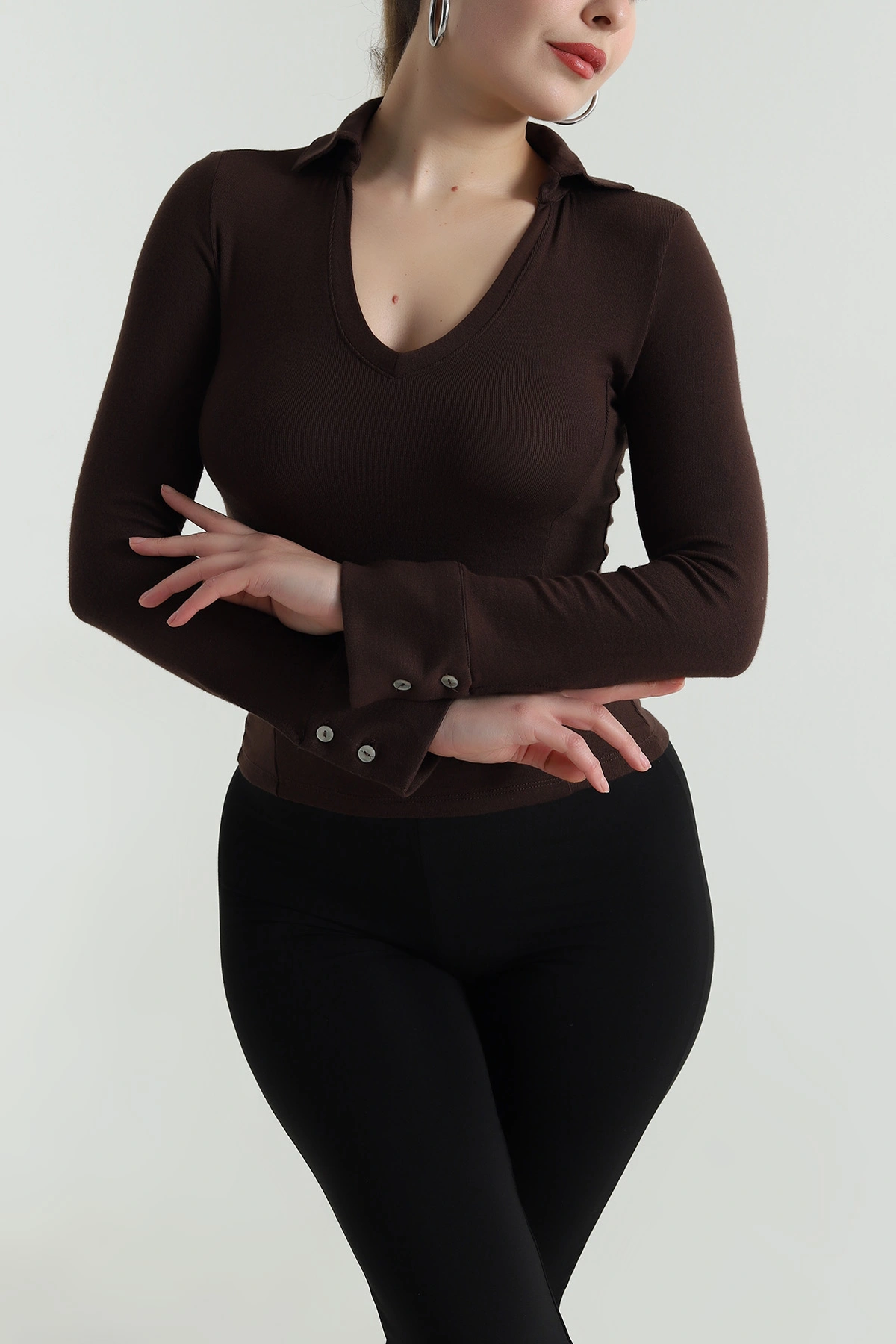 Kahverengi Polo Yaka Likralı Buzzy Kadın Bluz 496461