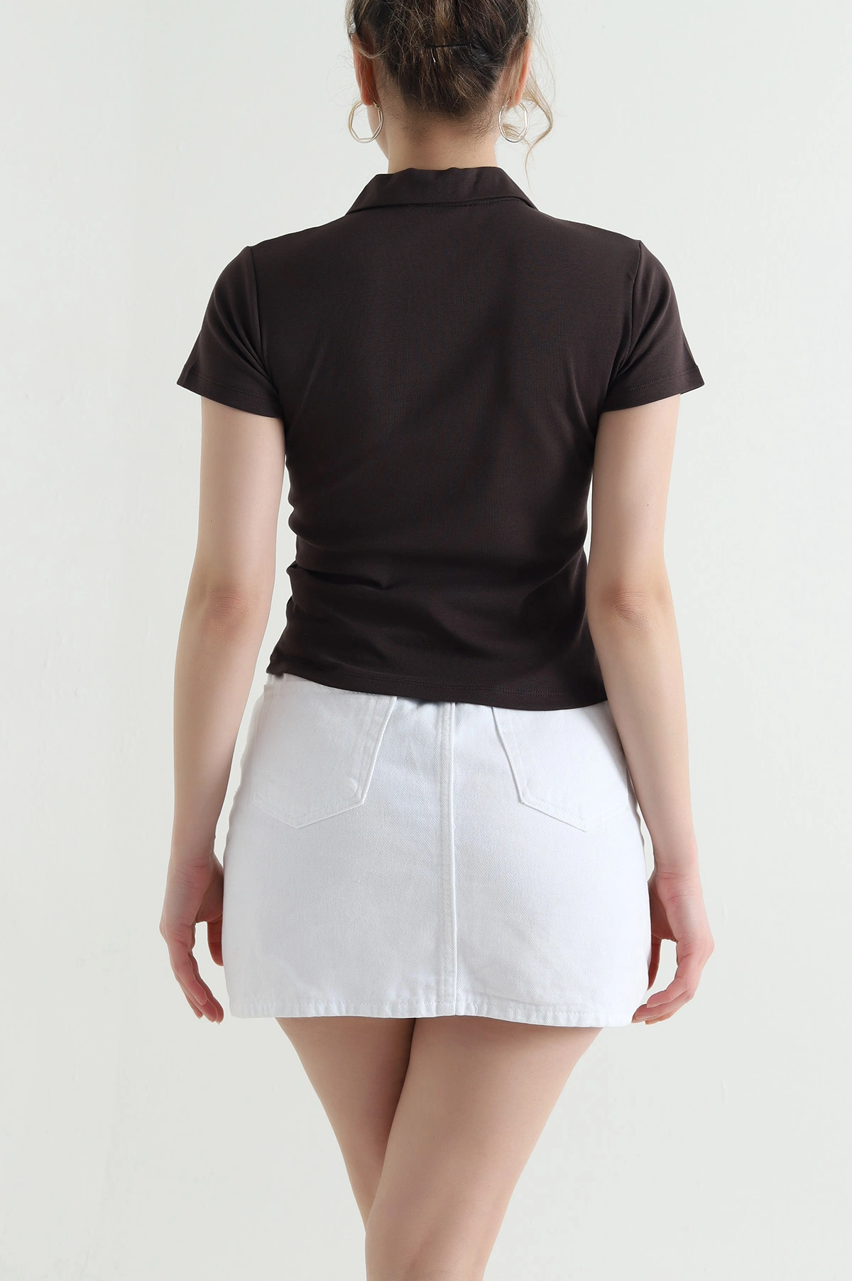 Kahverengi Polo Yaka Ribana Kadın Bluz 446621