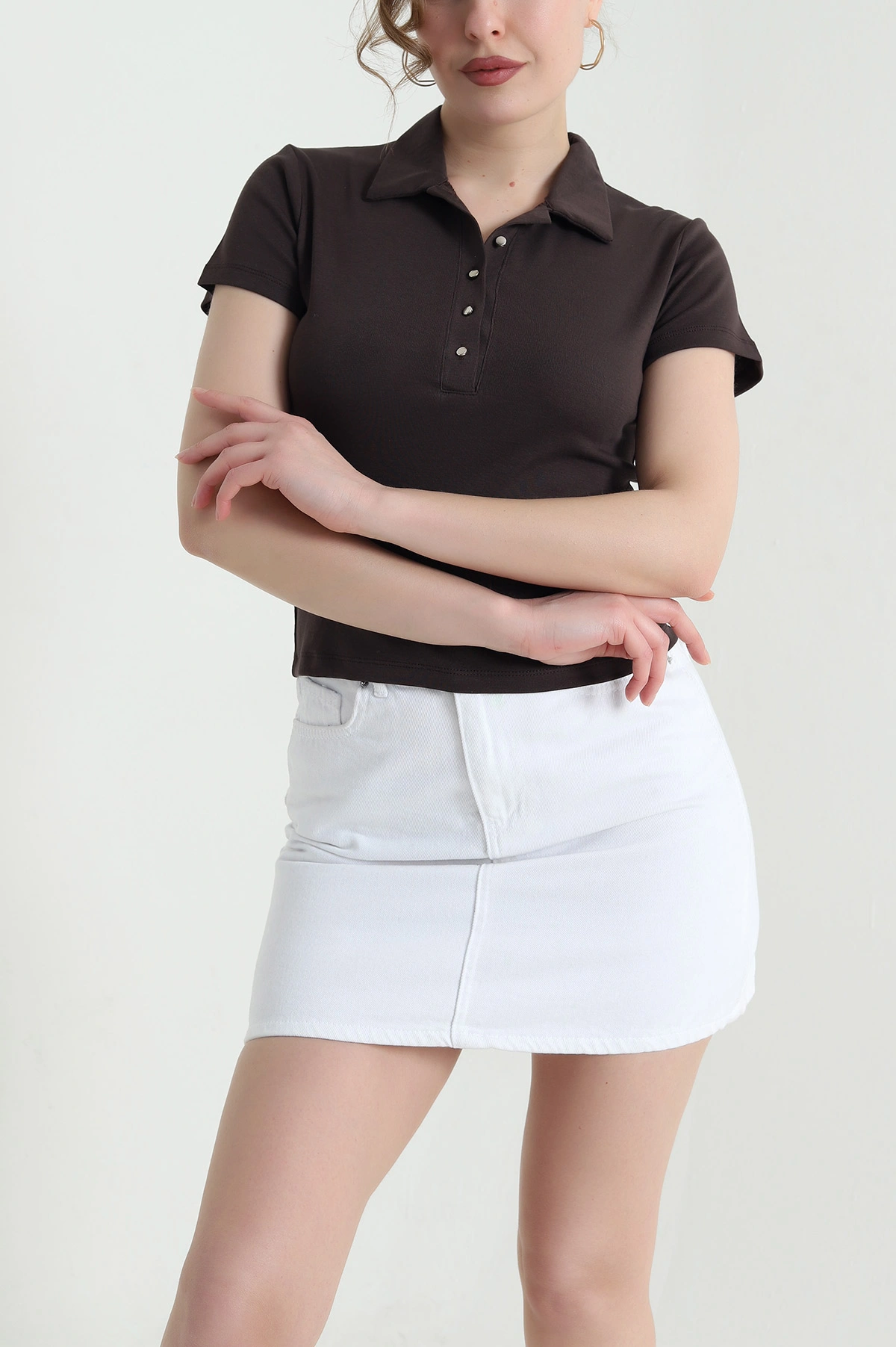 Kahverengi Polo Yaka Ribana Kadın Bluz 446621