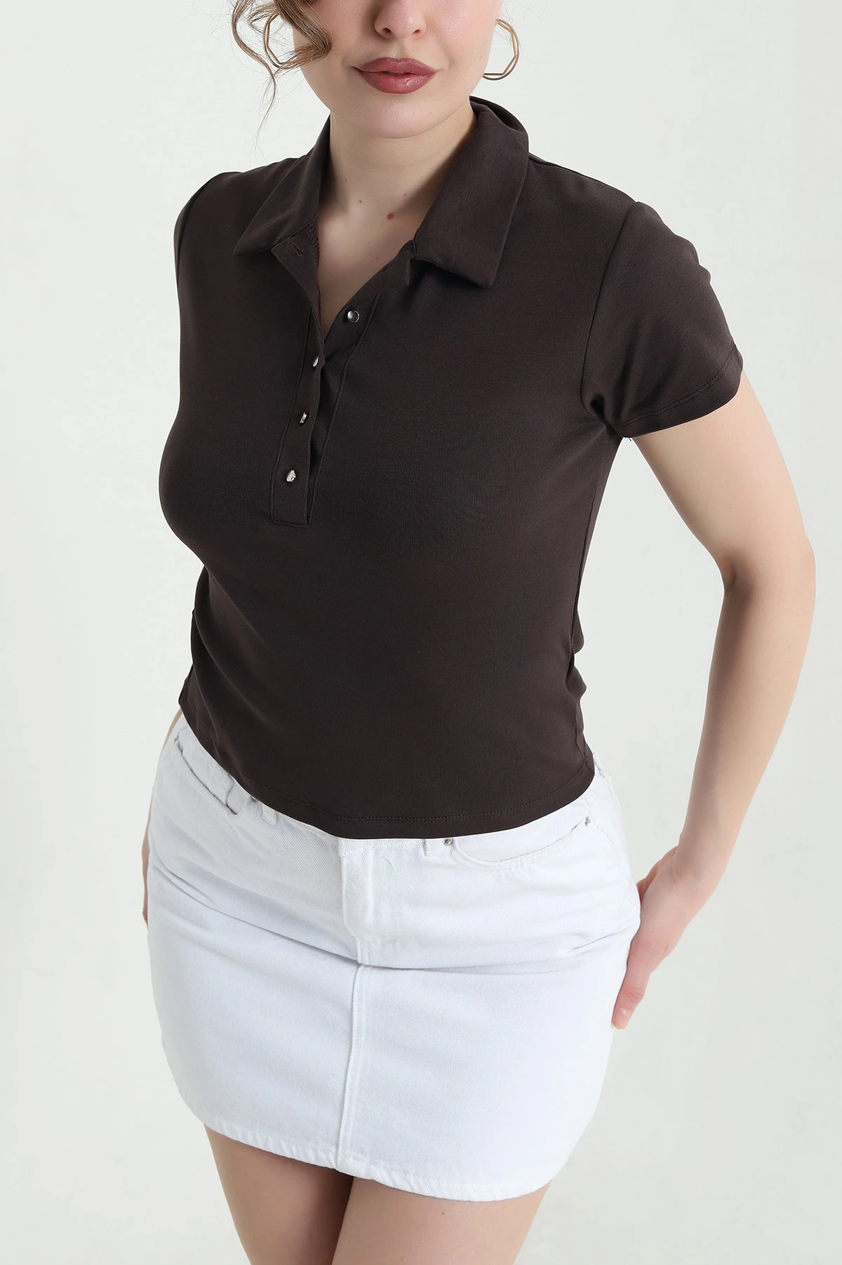 Kahverengi Polo Yaka Ribana Kadın Bluz 446621