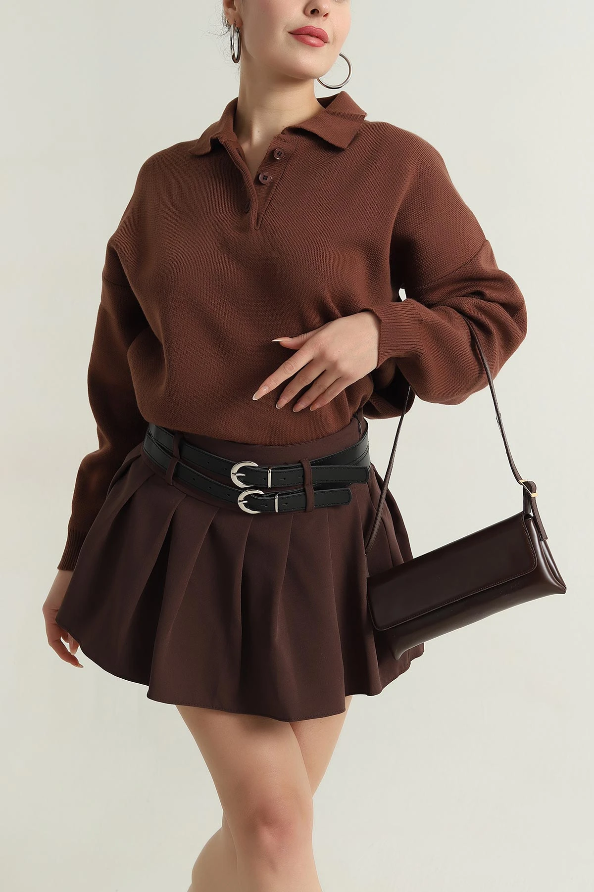 Kahverengi Polo Yaka Triko Kadın Kazak 403822