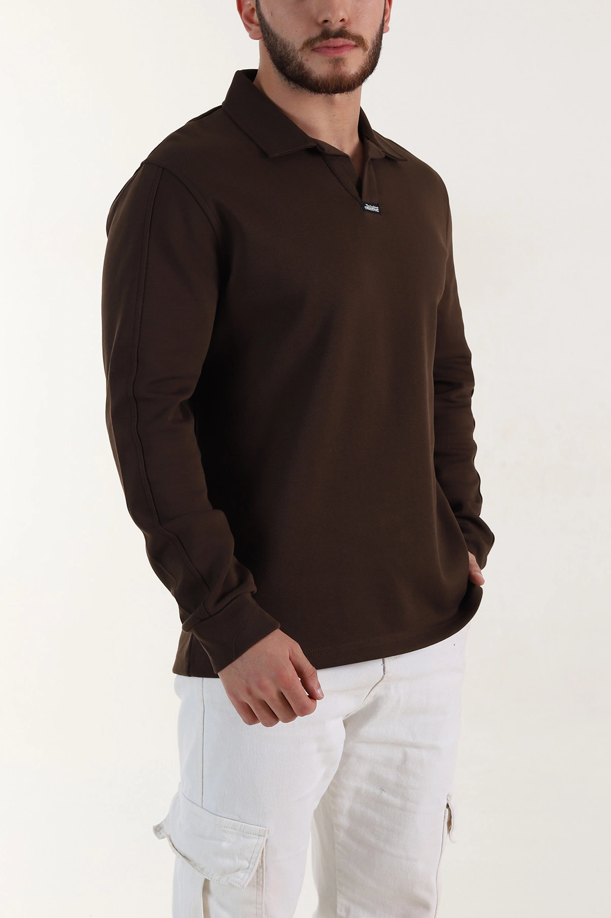 Kahverengi Polo Yaka Uzun Kollu Erkek Sweatshirt 397137