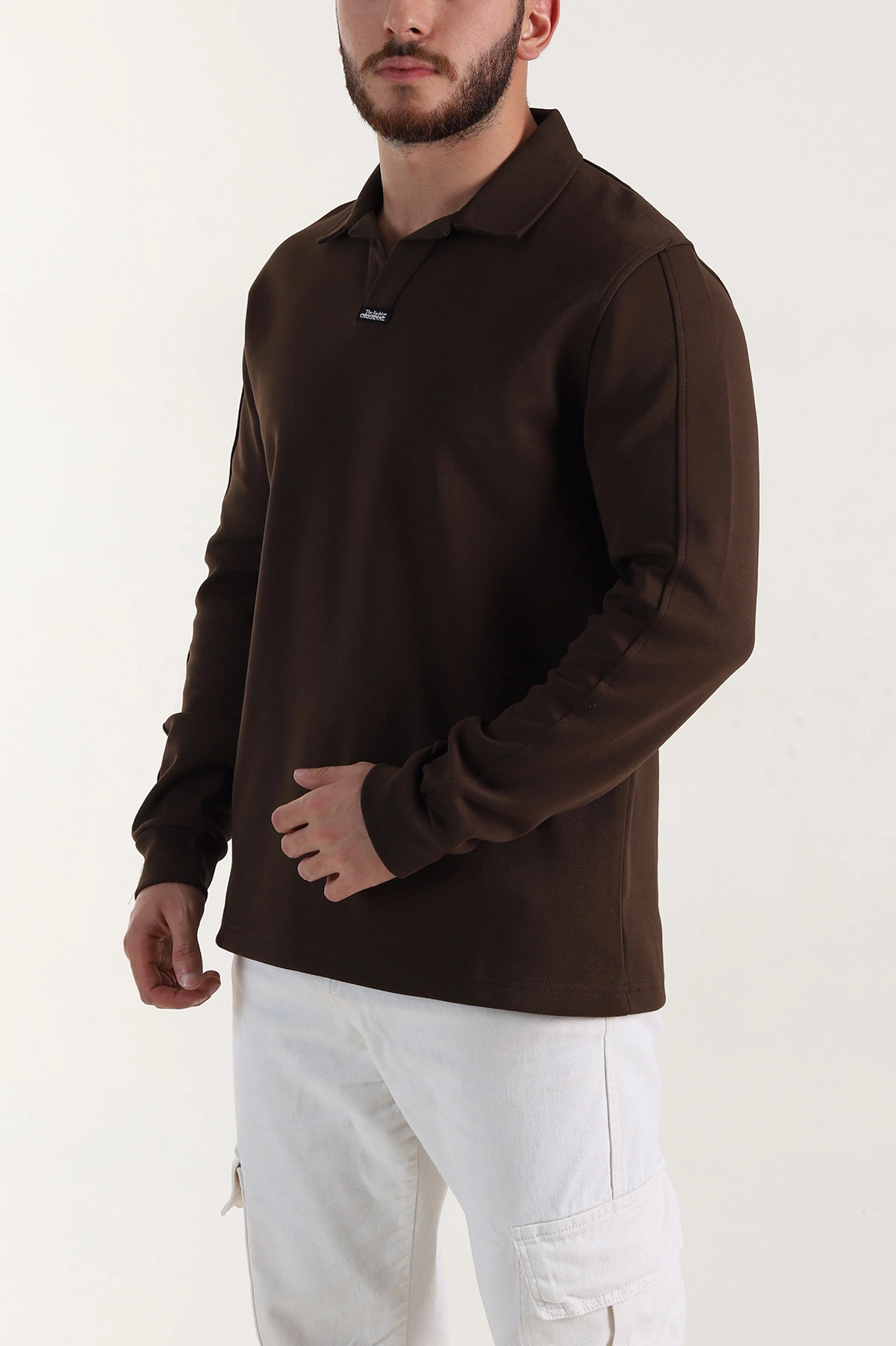 Kahverengi Polo Yaka Uzun Kollu Erkek Sweatshirt 397137