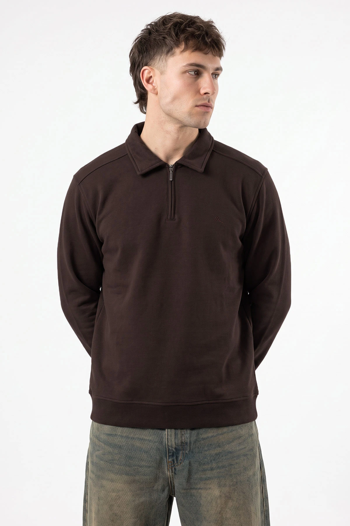 Kahverengi Polo Yaka Yarım Fermuarlı Erkek Sweatshirt 499390