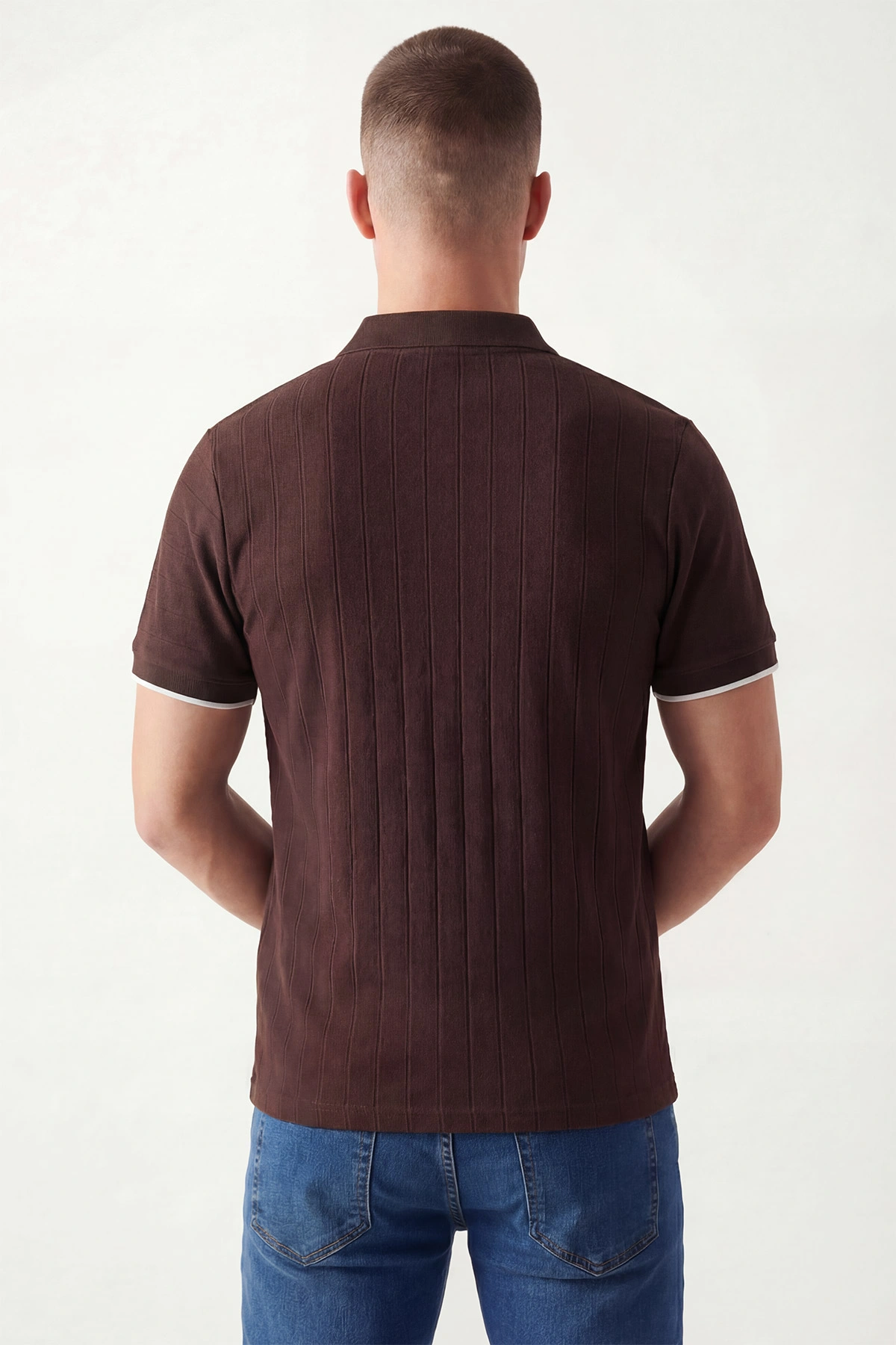 Kahverengi Polo Yaka Yarım Fermuarlı Erkek Tişört 435366