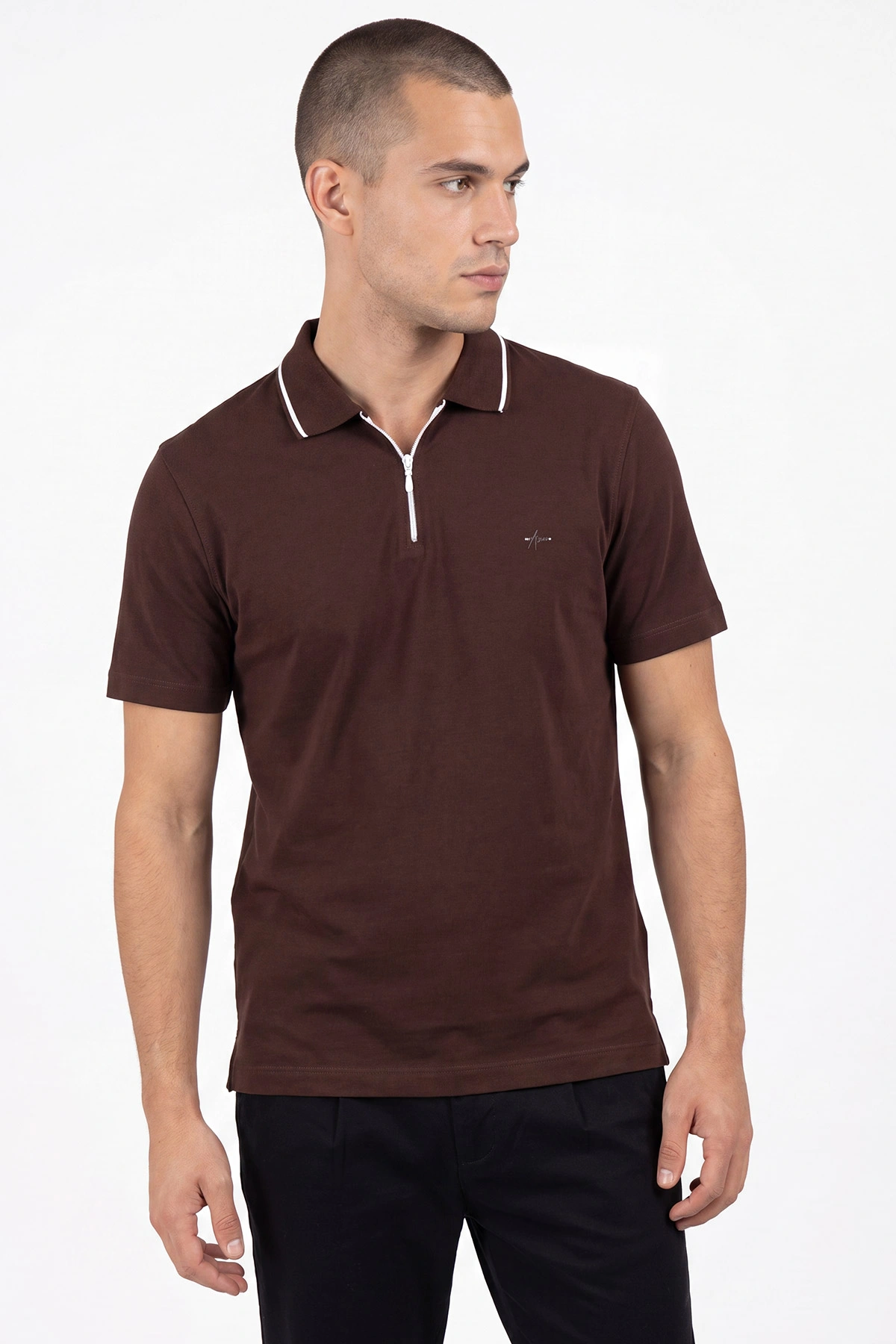 Kahverengi Polo Yaka Yarım Fermuarlı Erkek Tişört 471702