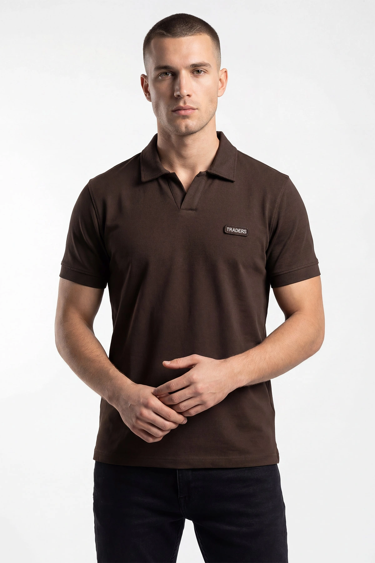 Kahverengi Polo Yaka Yazı Detay Erkek Tişört 435539
