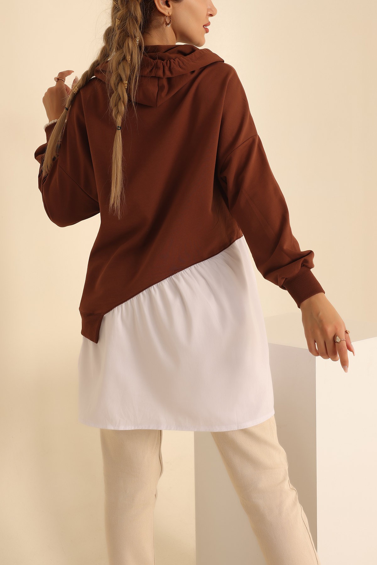 Kahverengi Poplin Garnili İki İp Sweat Tunik 207853