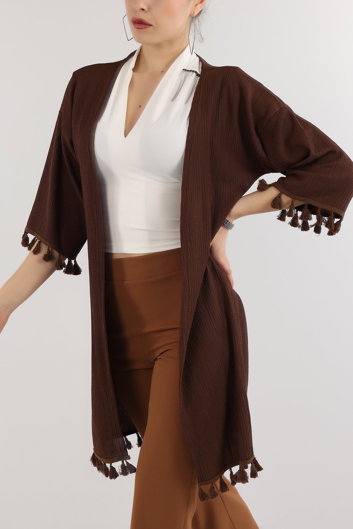 Kahverengi Püskül Detay Seul Kimono Hırka 168591