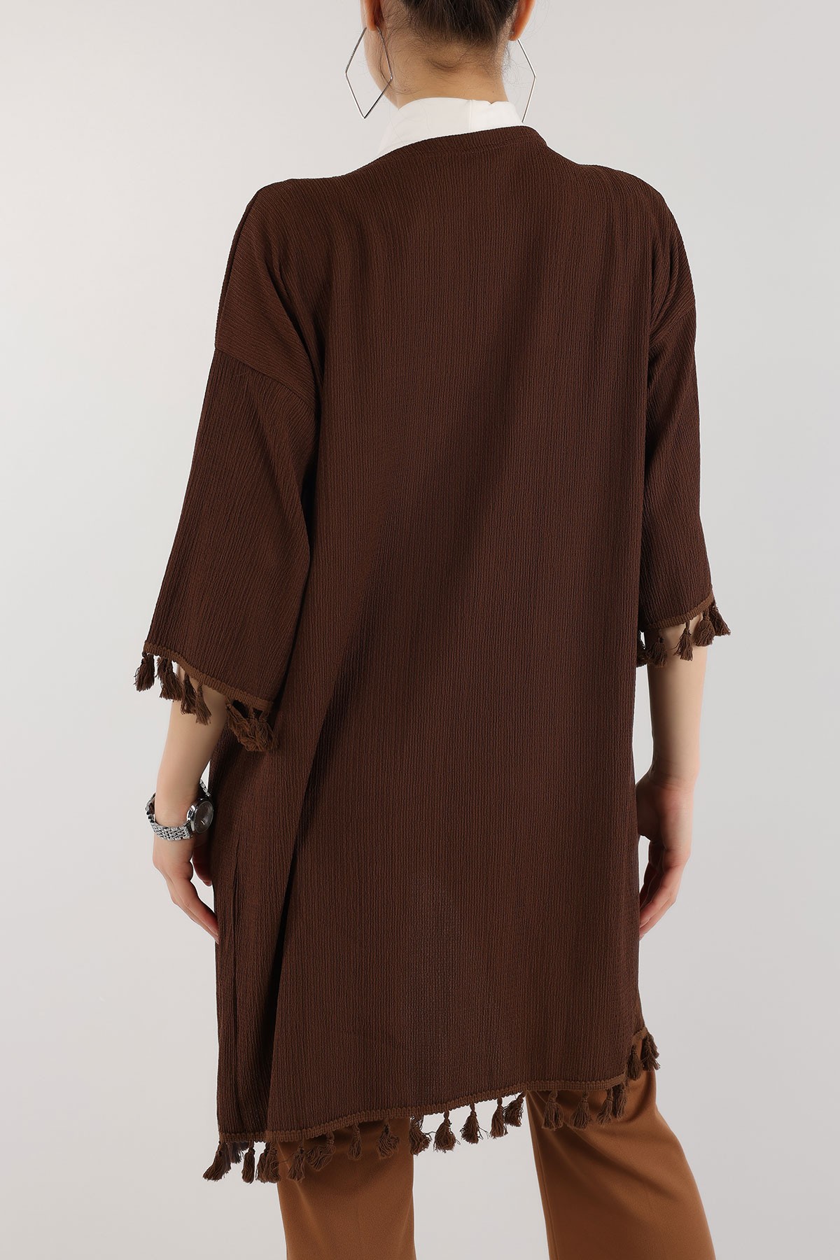 Kahverengi Püskül Detay Seul Kimono Hırka 168591