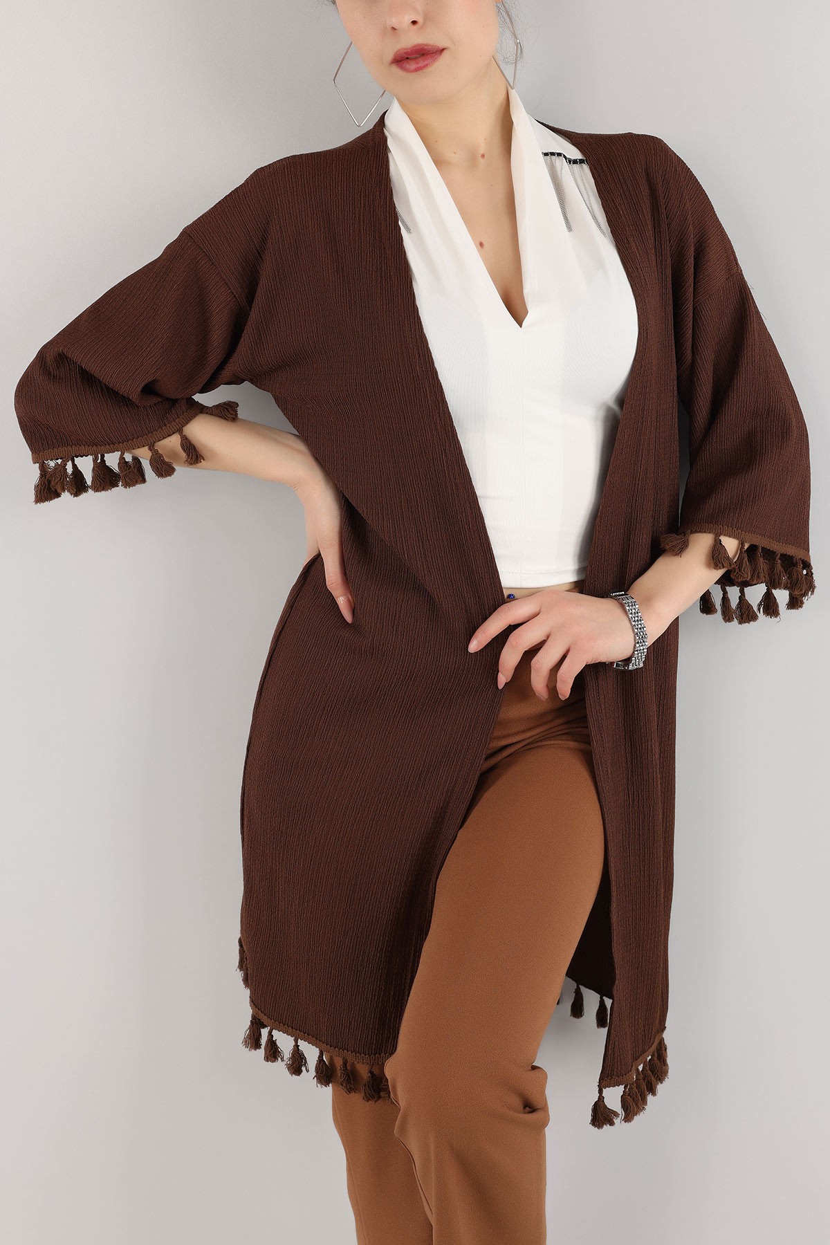 Kahverengi Püskül Detay Seul Kimono Hırka 168591