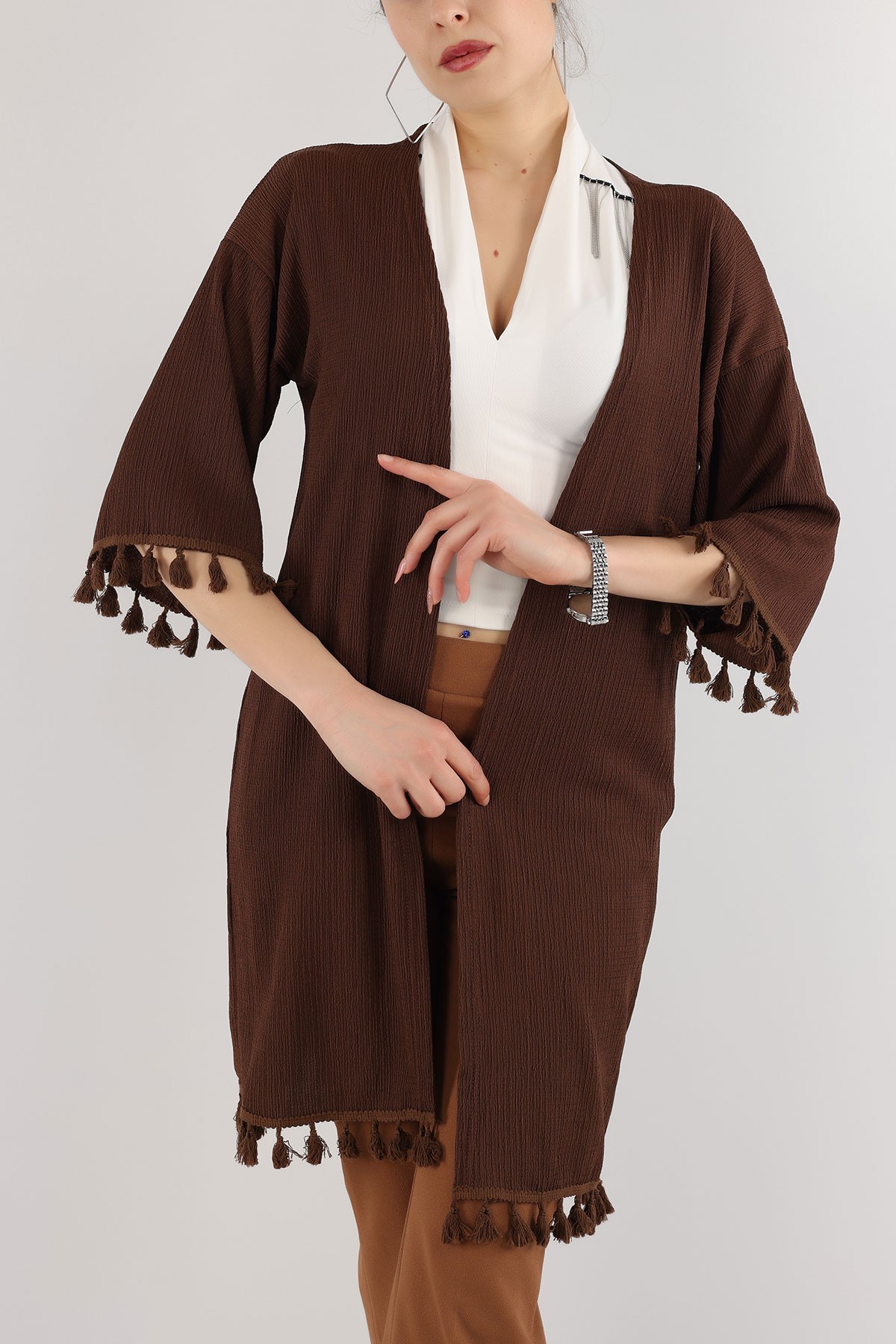 Kahverengi Püskül Detay Seul Kimono Hırka 168591
