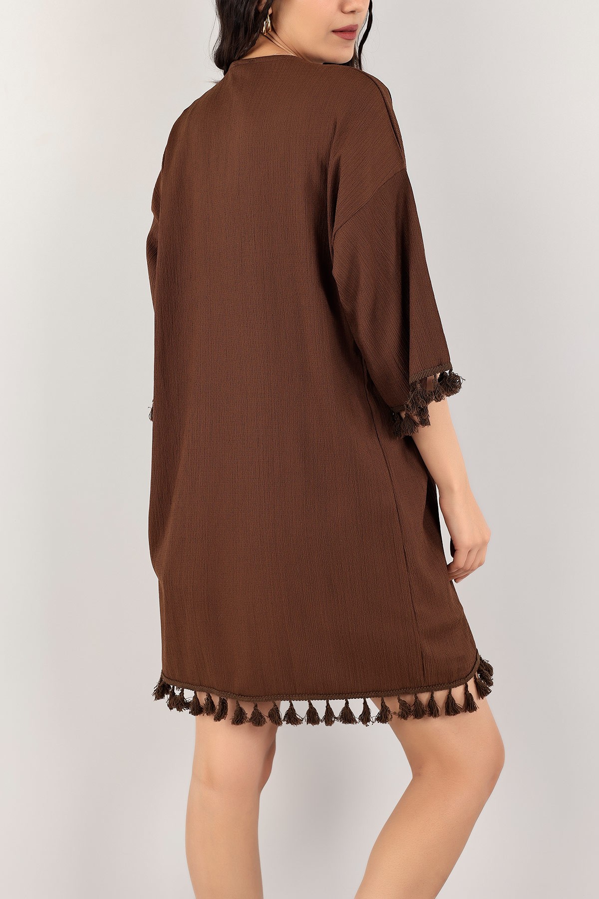 Kahverengi Püskül Tasarım Krinkıl Kimono Hırka 113316