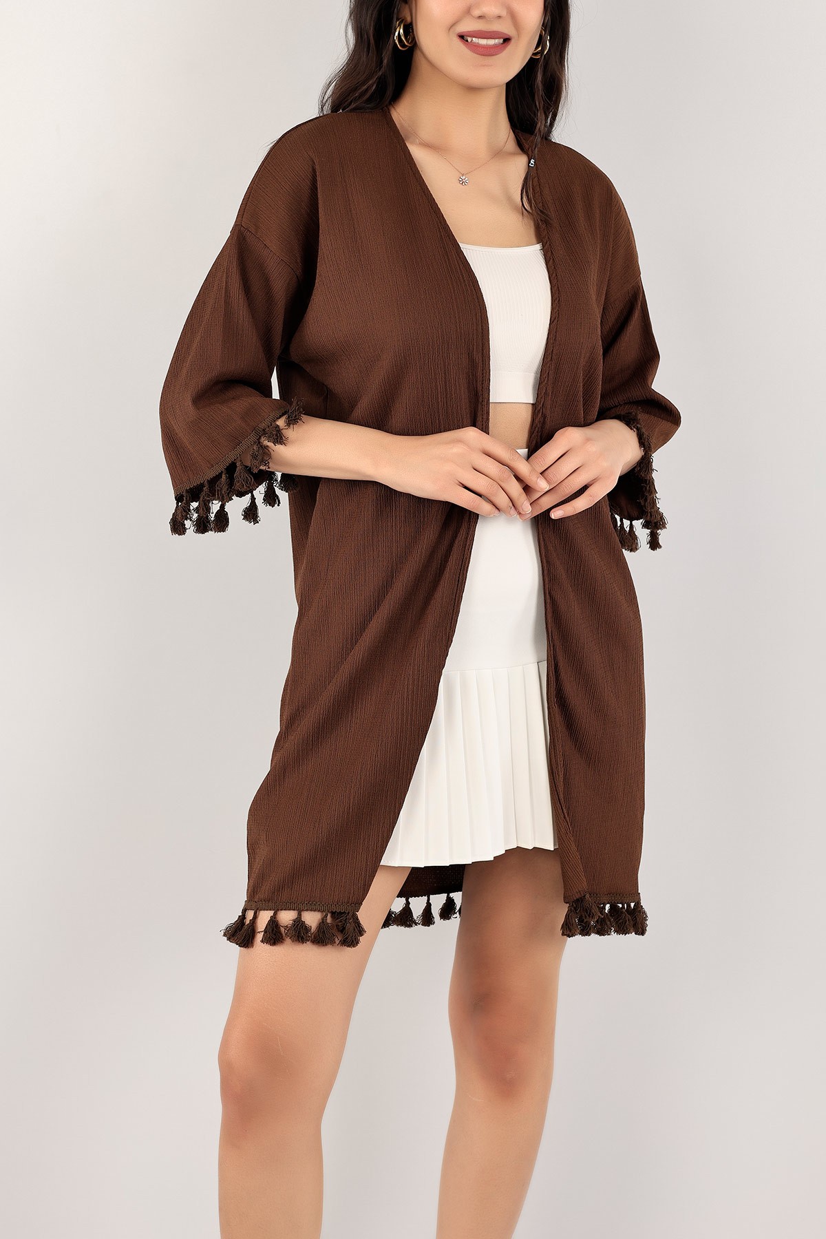 Kahverengi Püskül Tasarım Krinkıl Kimono Hırka 113316