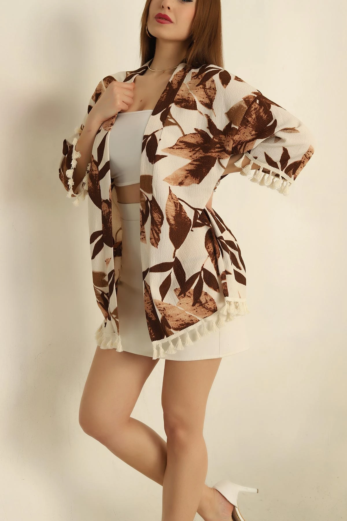 Kahverengi Püsküllü Okyanus kumaş Kimono 251978