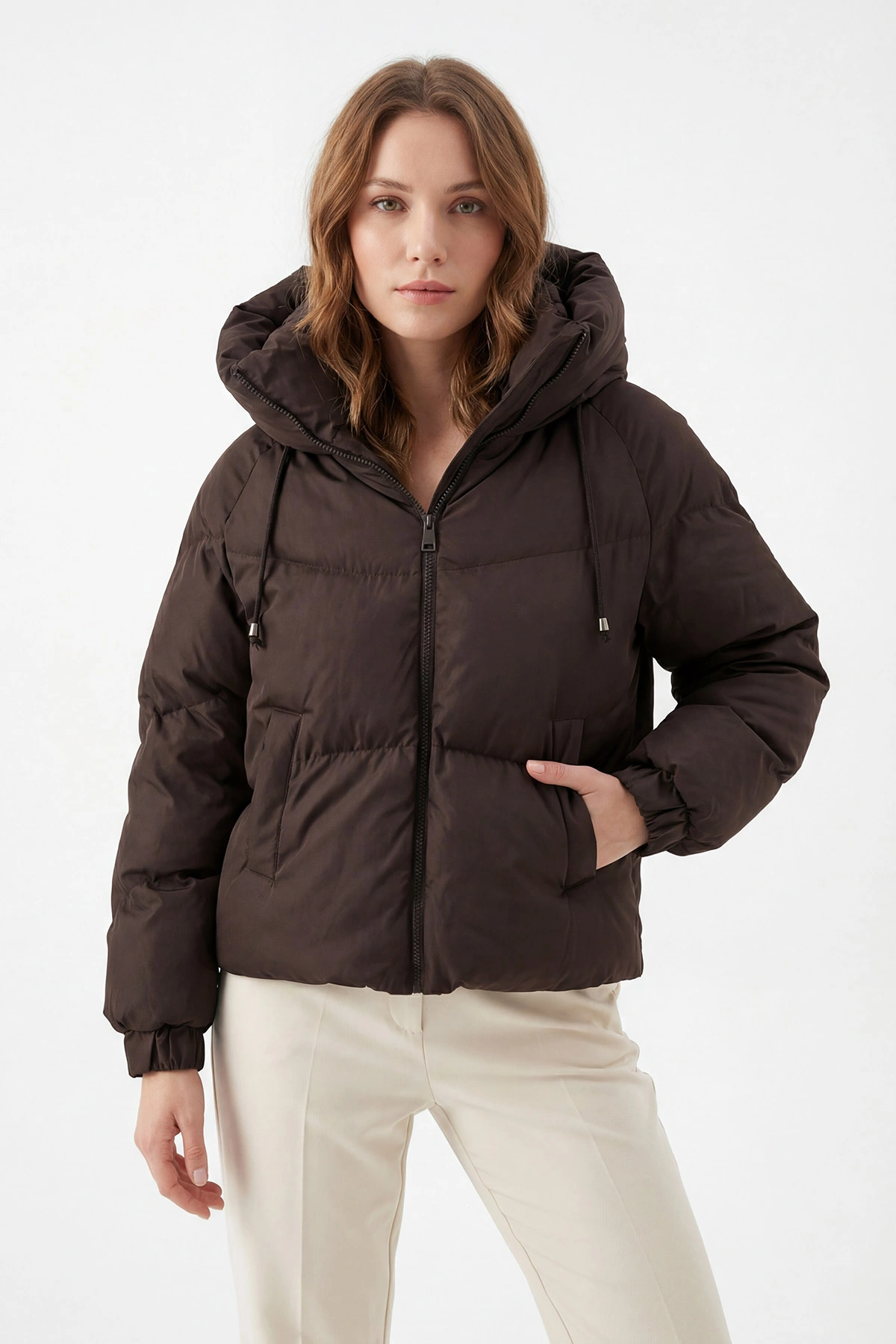 Kahverengi Reglan Kol Detay Şişme Kadın Mont 427727