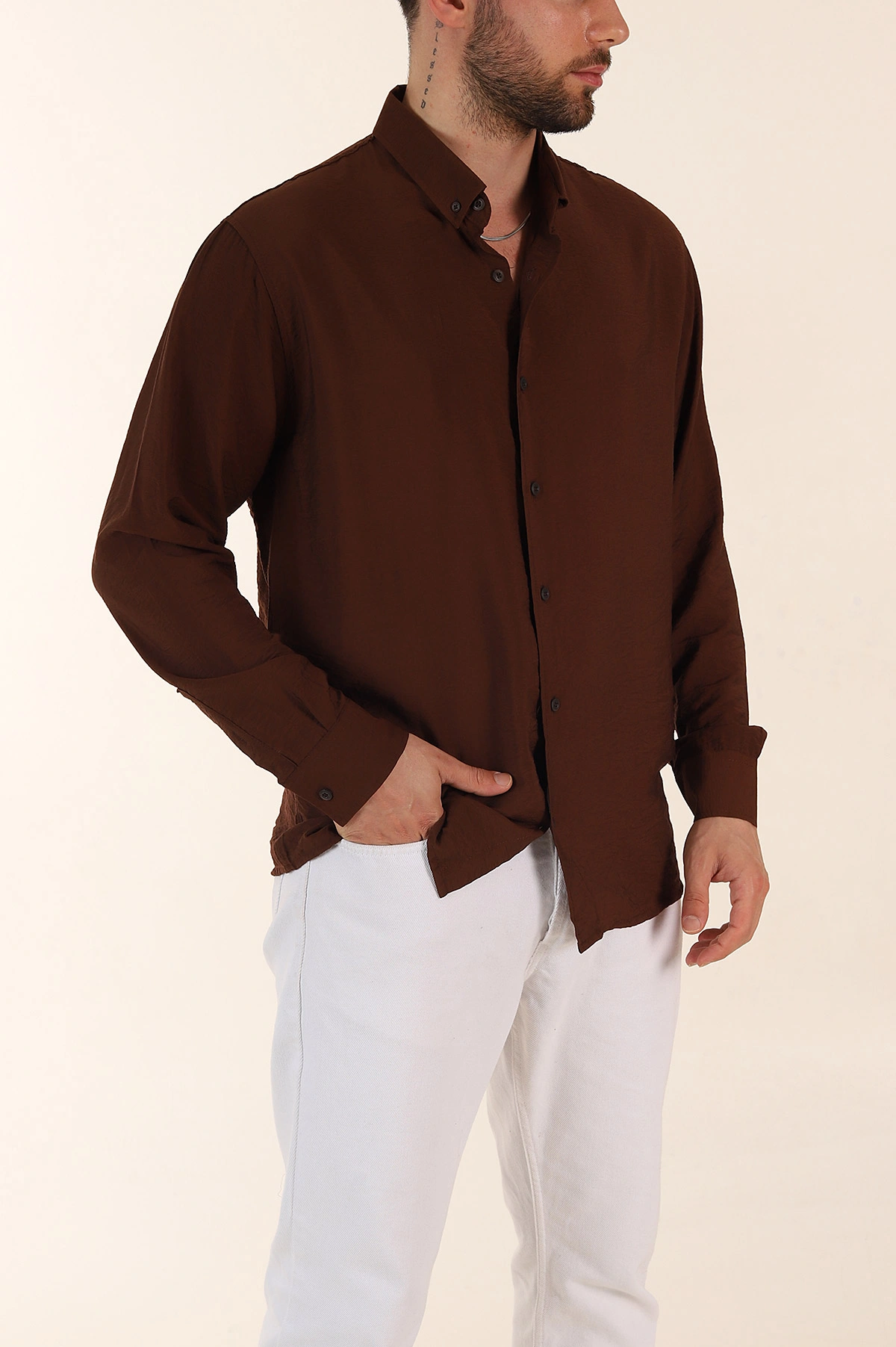 Kahverengi Regular Fit Ata Yaka Basic Uzun Kollu Erkek Gömlek 370033