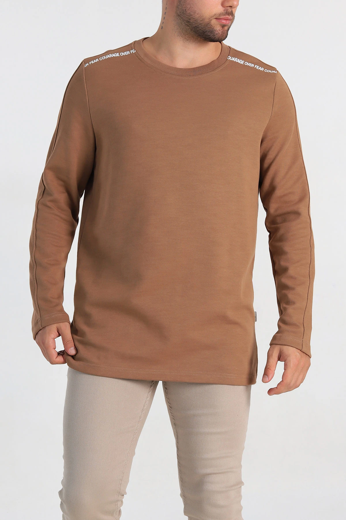 Kahverengi Regular Fit Baskı Detay Erkek Basic Sweatshirt 305714