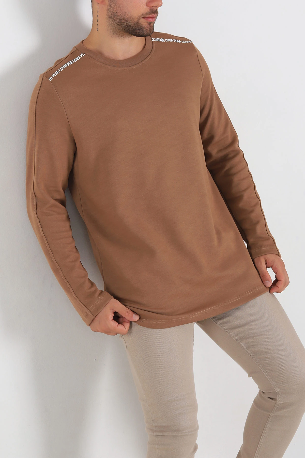 Kahverengi Regular Fit Baskı Detay Erkek Basic Sweatshirt 305714
