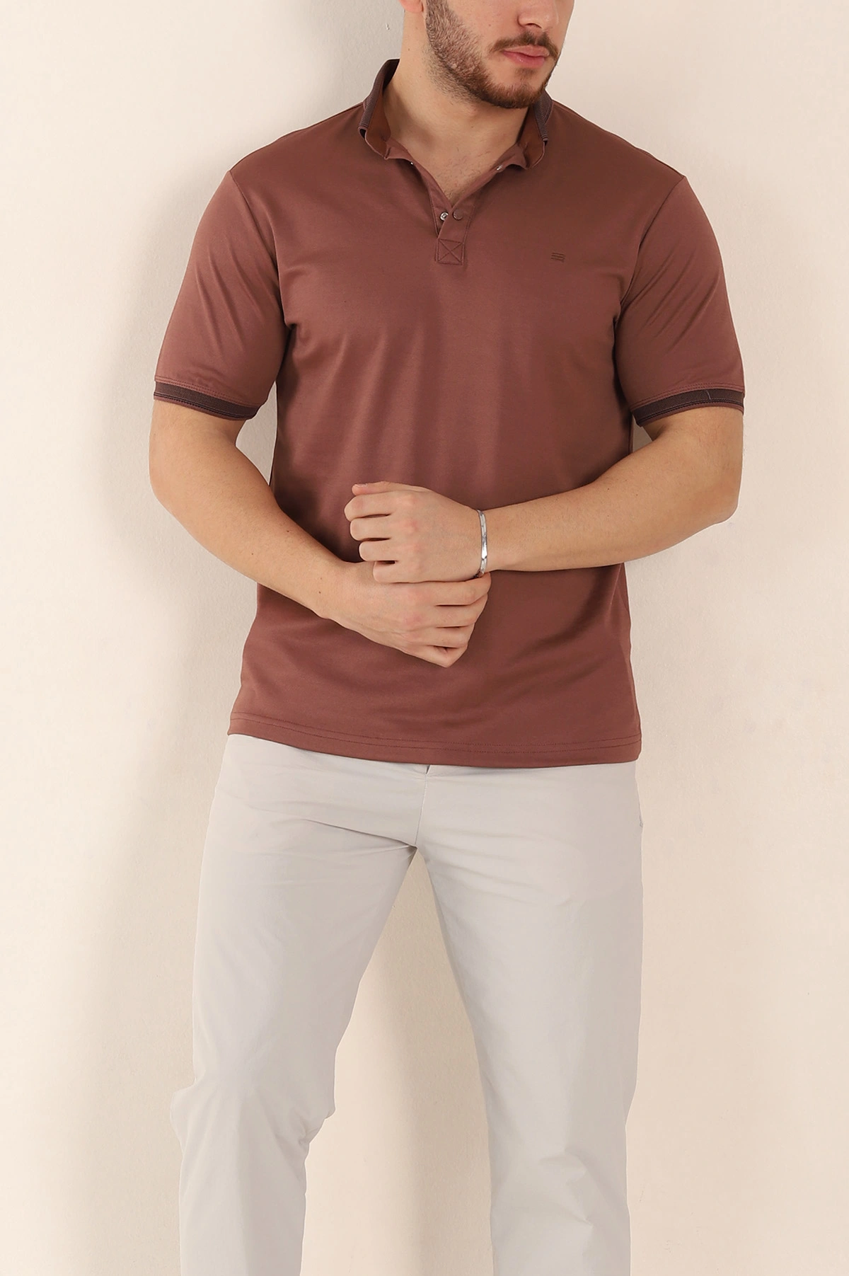Kahverengi Regular Fit Çıt Çıt Düğmeli Polo Yaka Erkek Tişört 338441
