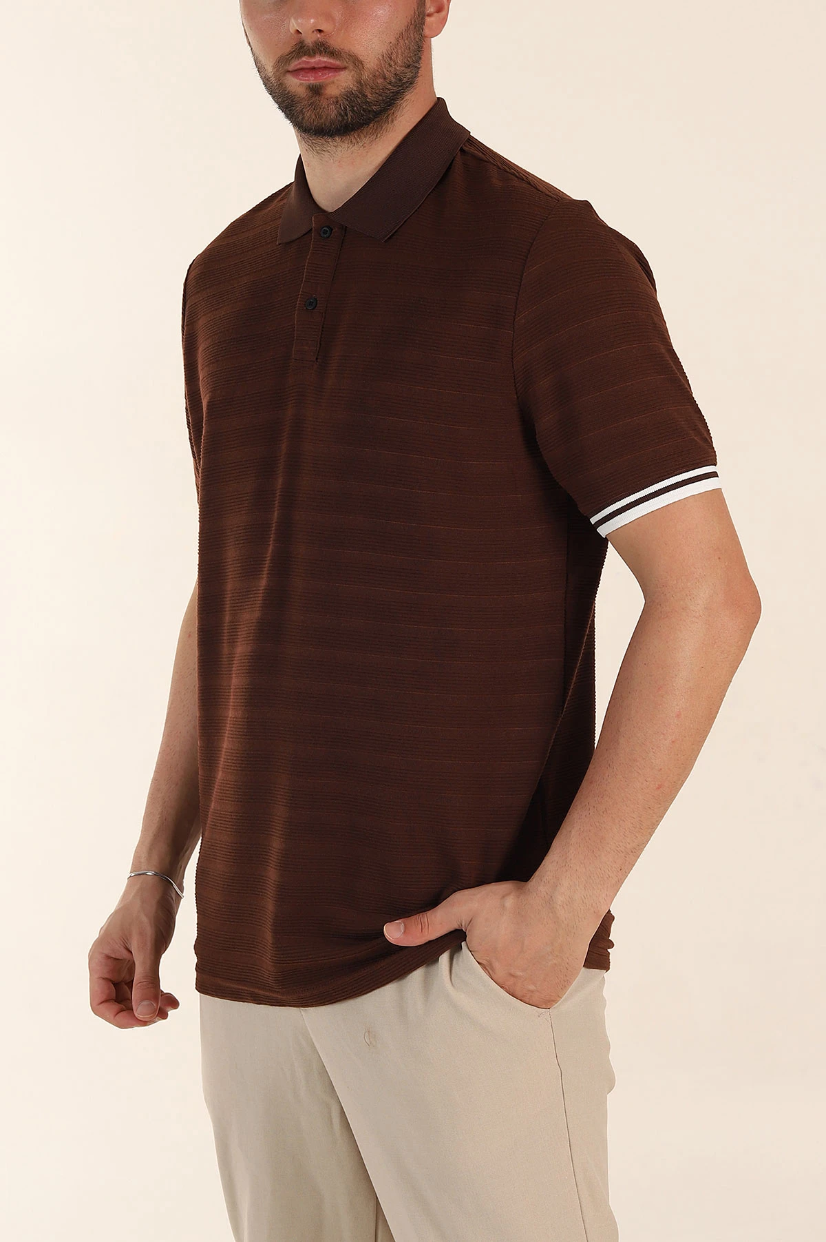 Kahverengi Regular Fit Çizgi Dokulu Fermuarlı Polo Yaka Erkek Triko Tişört 370065