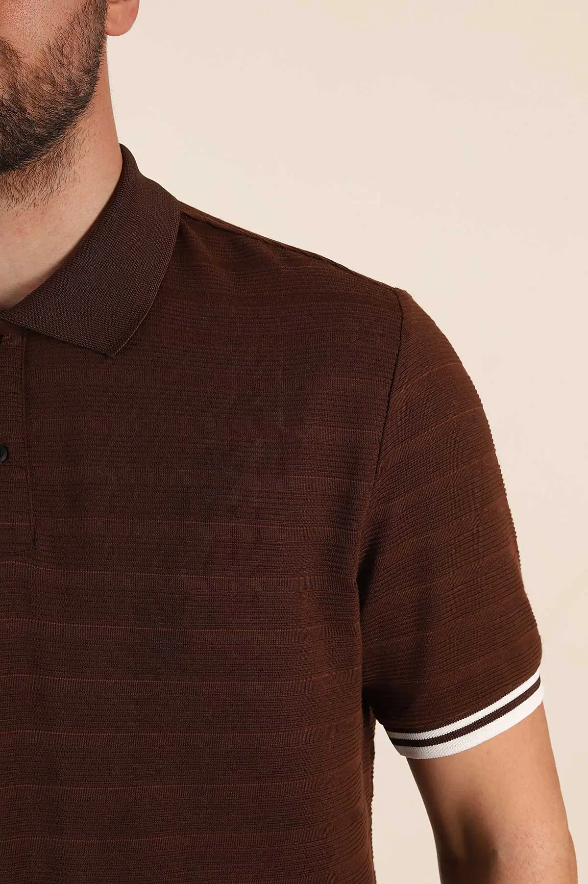 Kahverengi Regular Fit Çizgi Dokulu Fermuarlı Polo Yaka Erkek Triko Tişört 370065