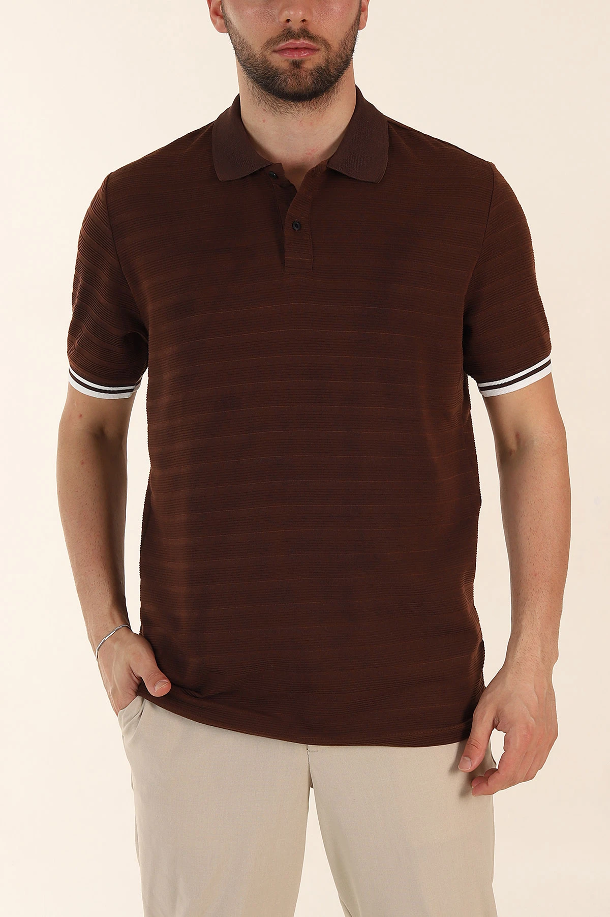 Kahverengi Regular Fit Çizgi Dokulu Fermuarlı Polo Yaka Erkek Triko Tişört 370065