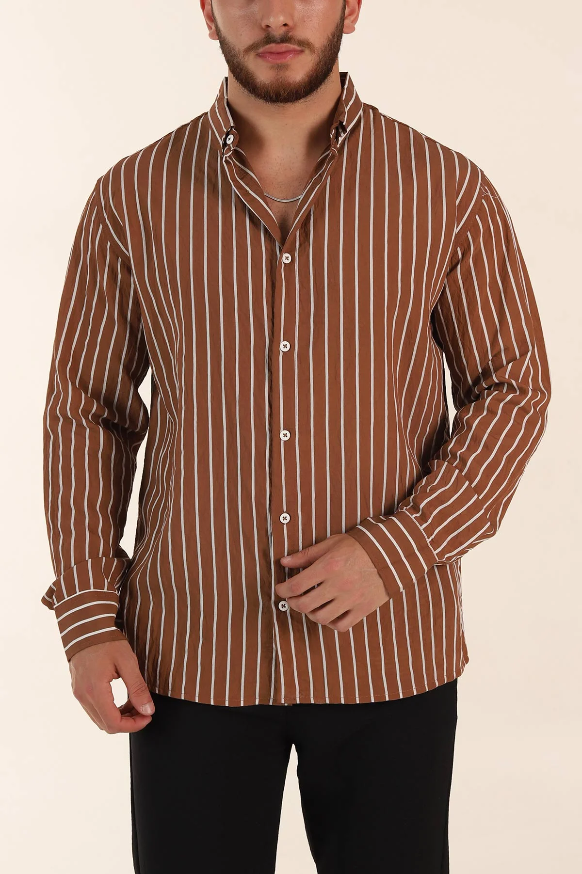 Kahverengi Regular Fit Çizgili Uzun Kollu Erkek Gömlek 369567
