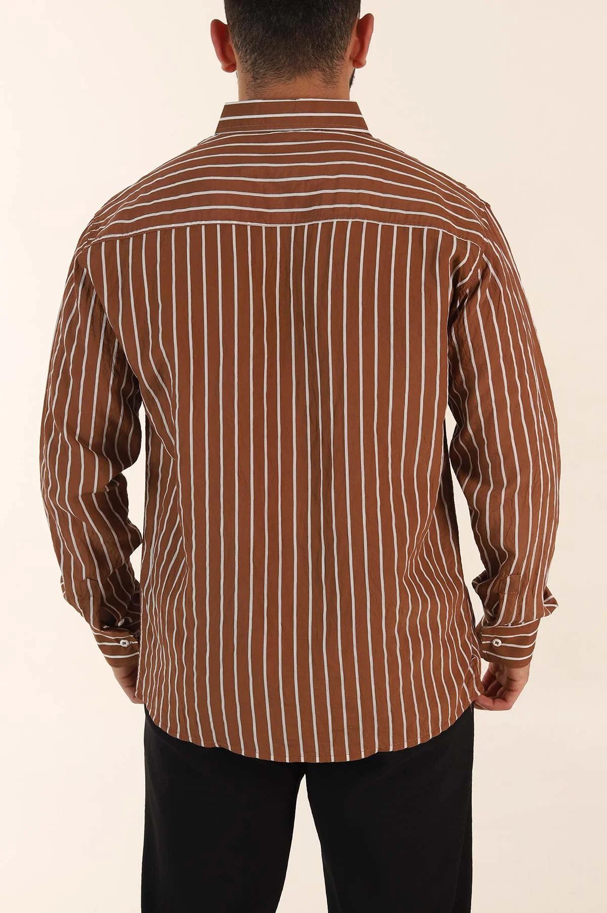 Kahverengi Regular Fit Çizgili Uzun Kollu Erkek Gömlek 369567